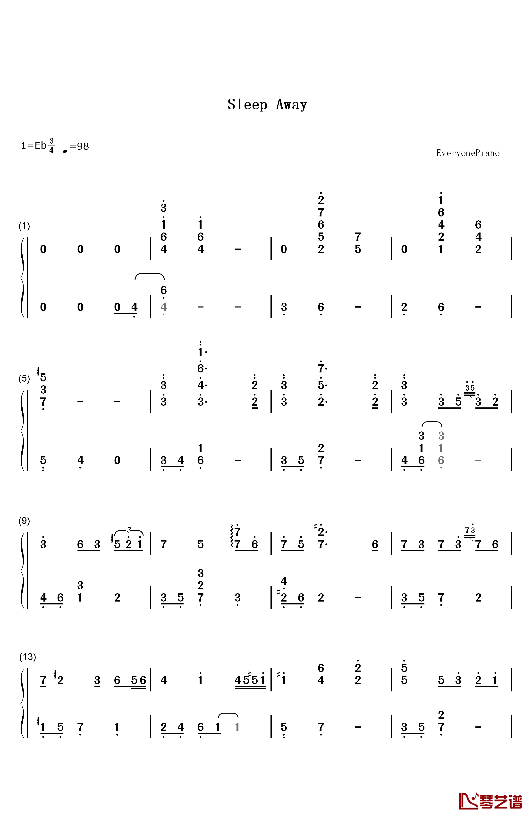 Sleep Away钢琴简谱-数字双手-Bob Acri