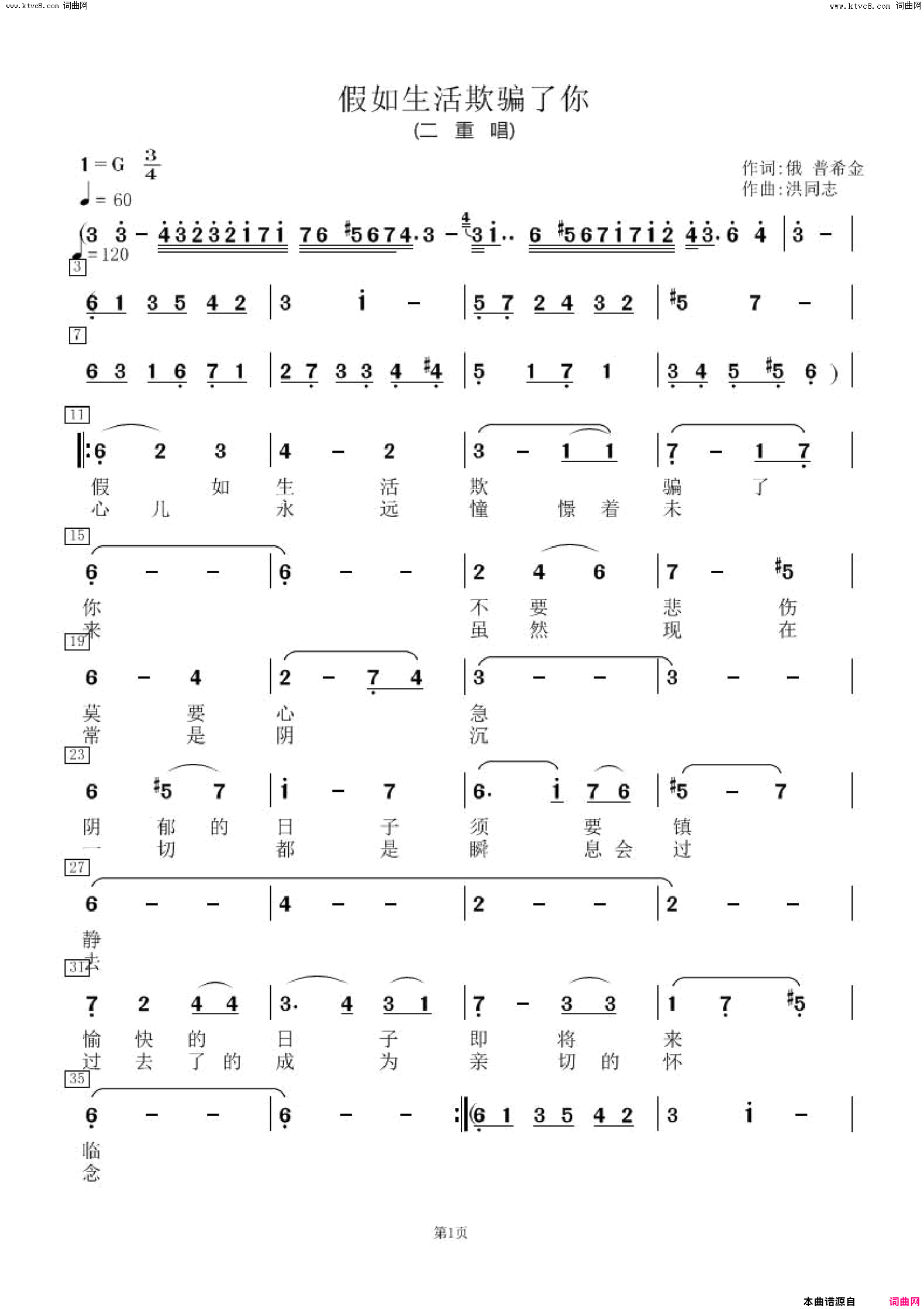 假如生活欺骗了你简谱-黄珊珊演唱-普希金/洪炎国词曲