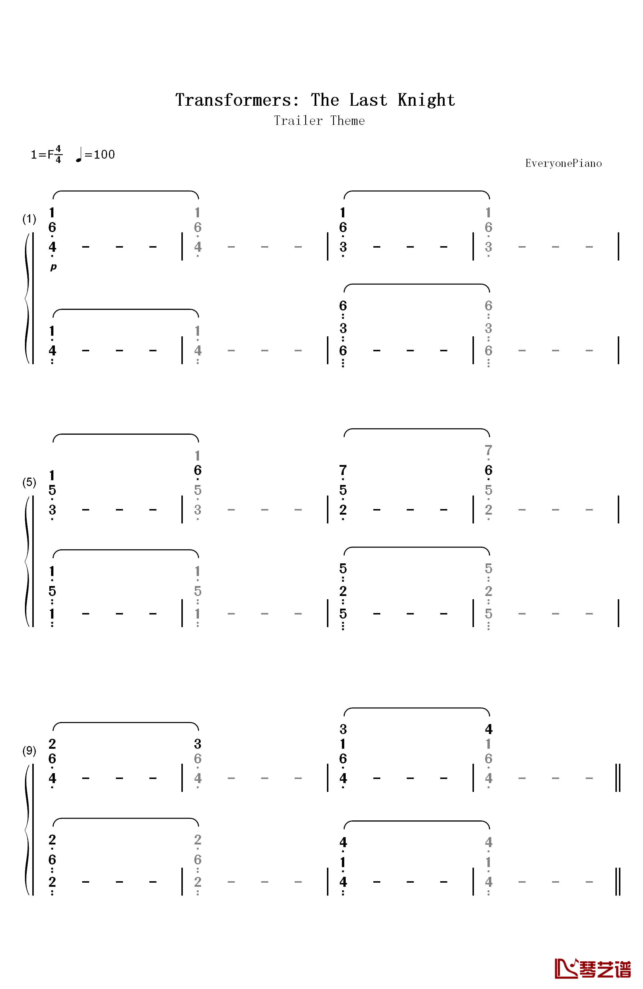 变形金刚5最后的骑士Trailer Theme钢琴简谱-数字双手-Steve Jablonsky