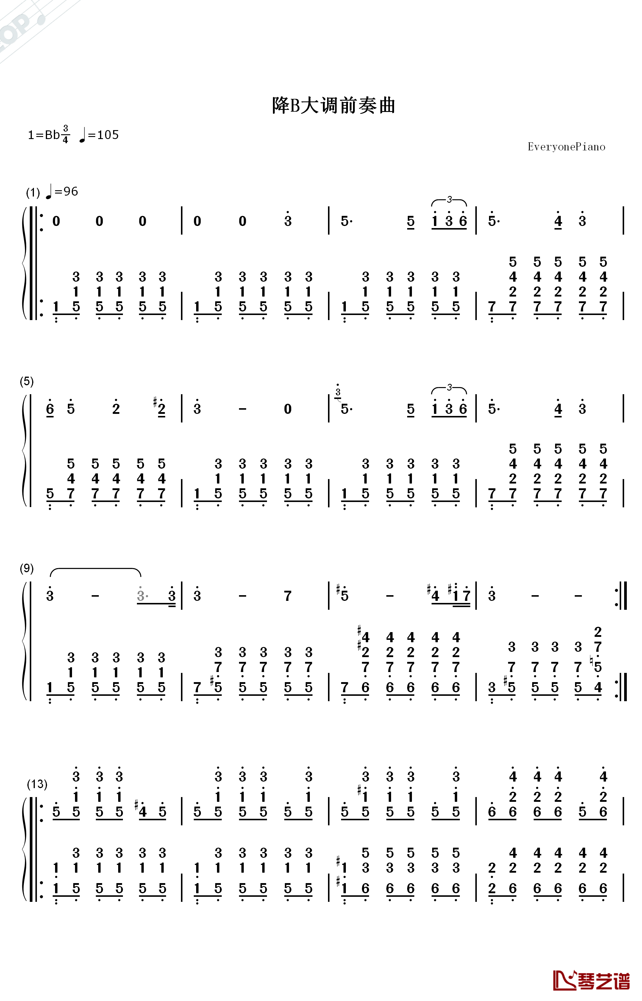 降B大调前奏曲钢琴简谱-数字双手-未知