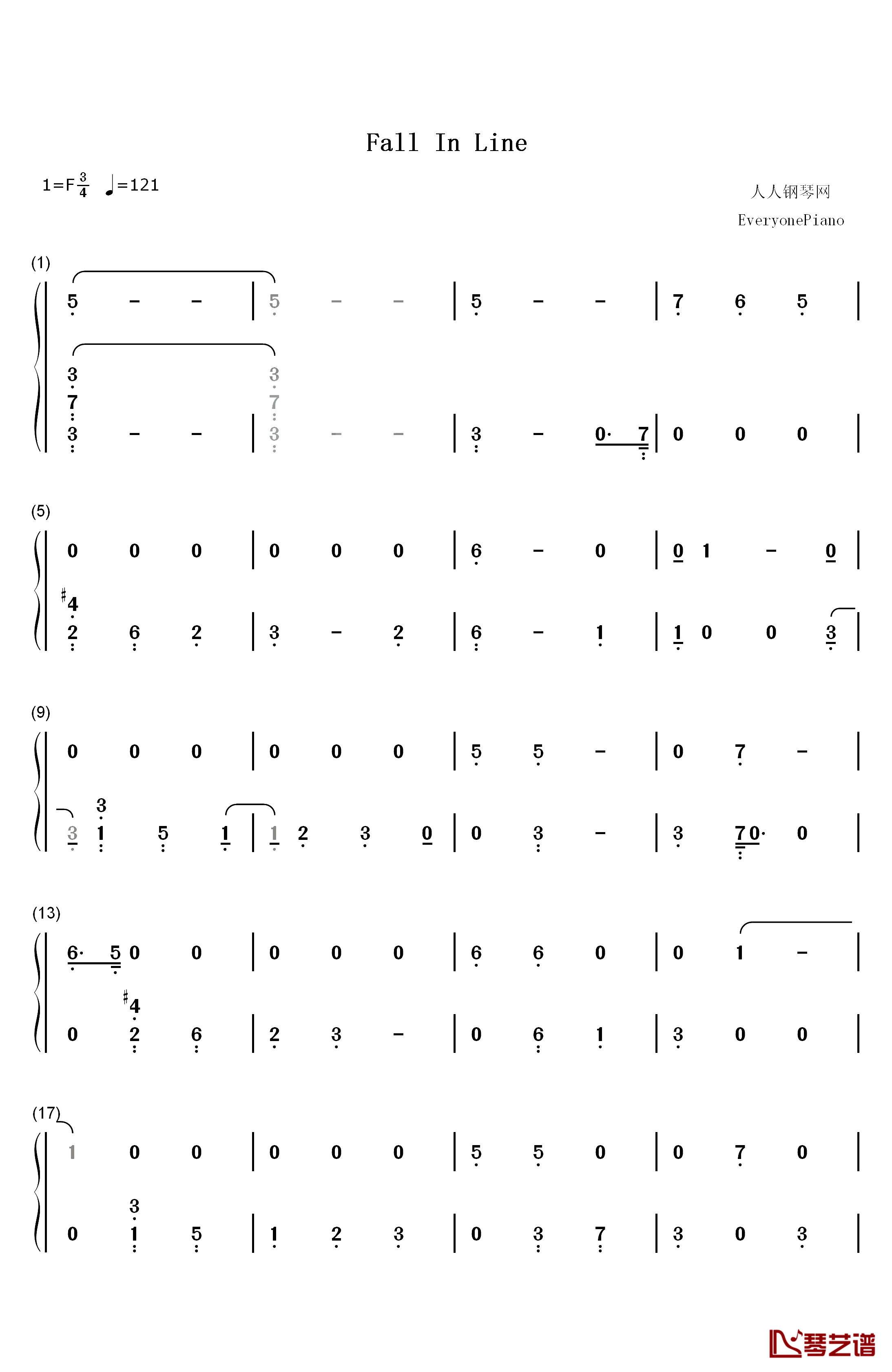 Fall In Line钢琴简谱-数字双手-Christina Aguilera Demi Lovato