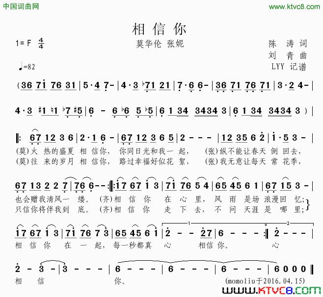 相信你莫华伦张妮演唱版相信你莫华伦 张妮演唱版简谱-莫华伦演唱-陈涛/刘青词曲