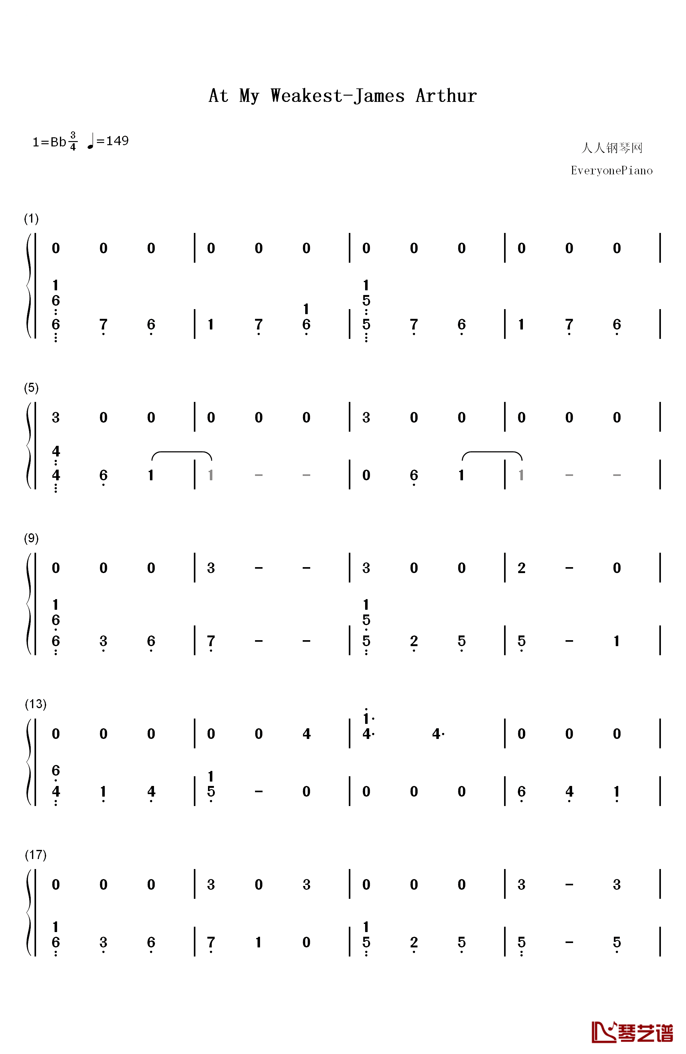 At My Weakest钢琴简谱-数字双手-James Arthur