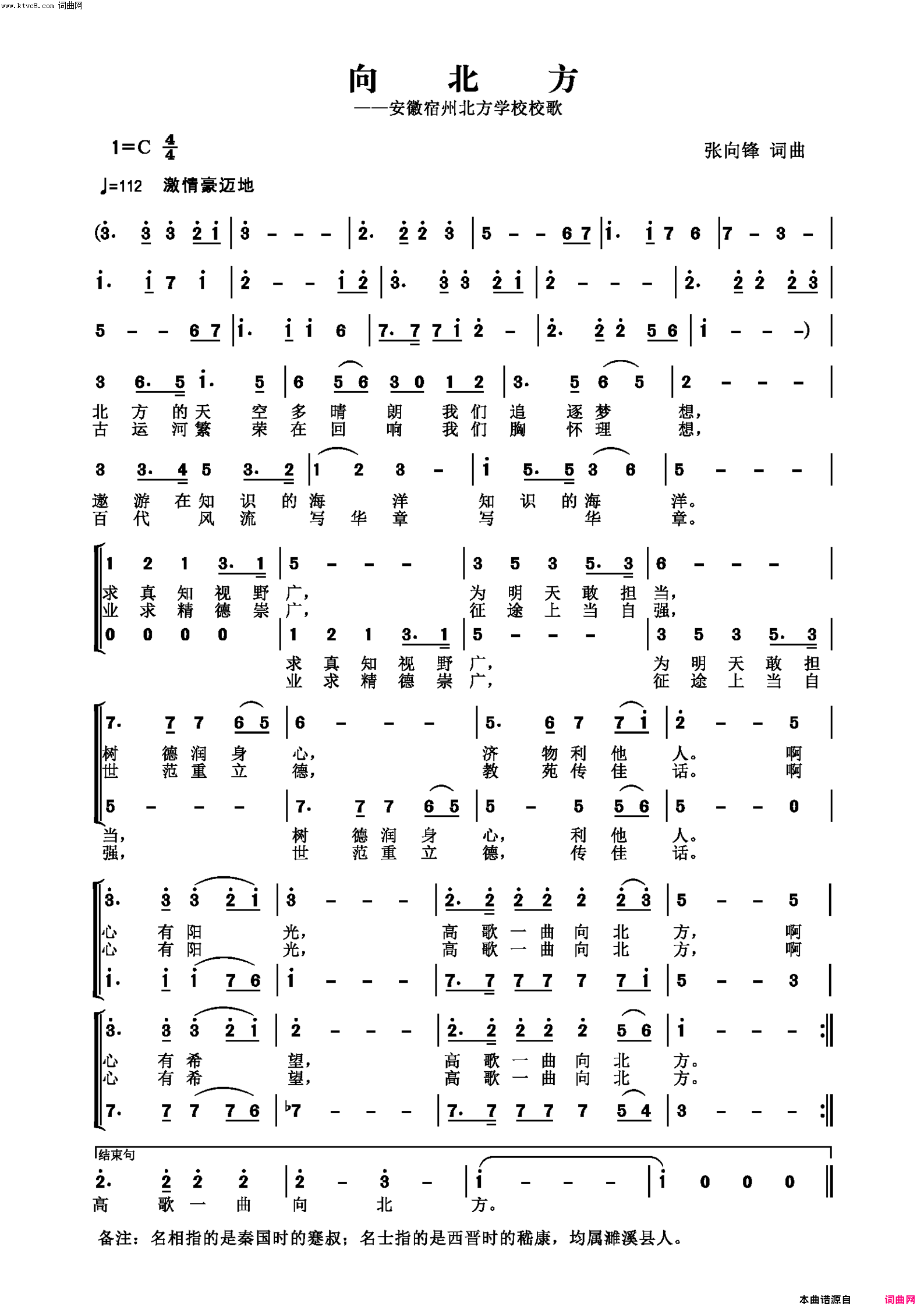 向北方安徽北方中学校歌简谱-北方合唱团演唱-张向锋/张向锋词曲