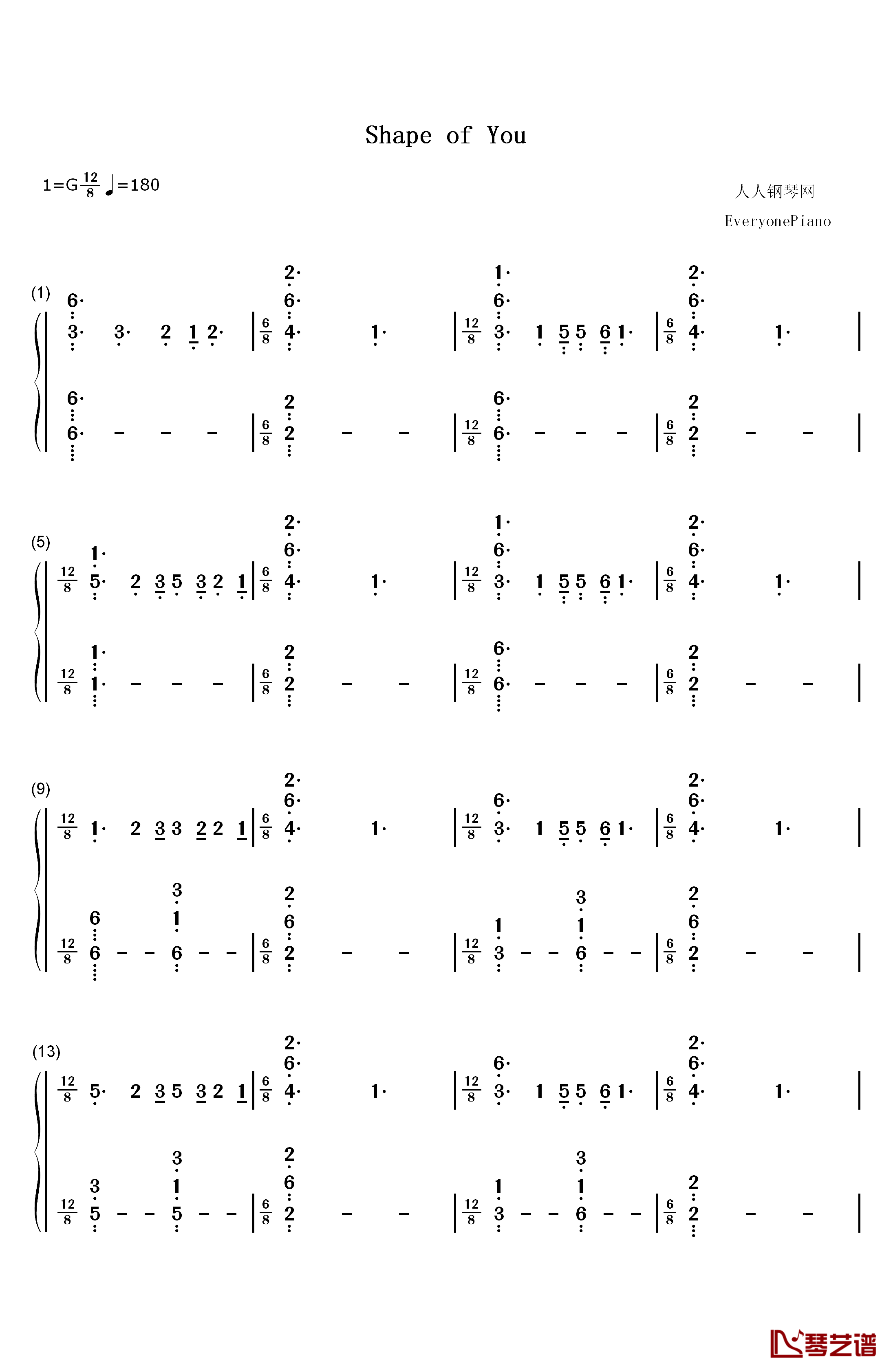 Shape of You钢琴简谱-数字双手-Ed Sheeran