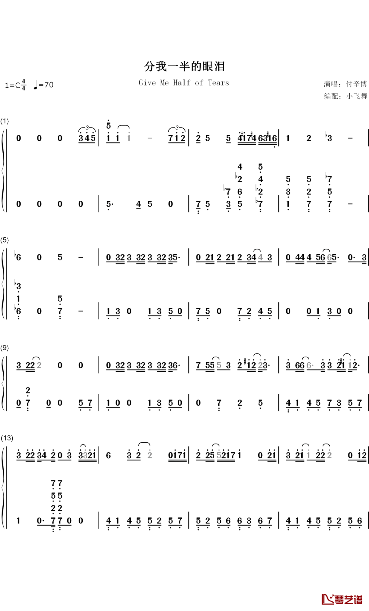 分我一半的眼泪钢琴简谱-数字双手-付辛博