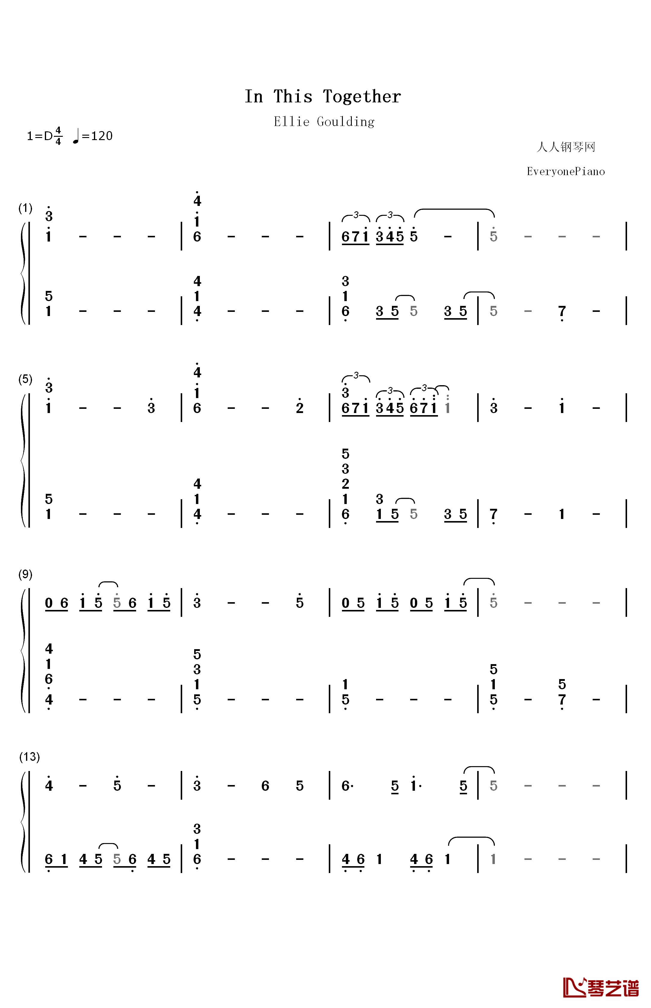 In This Together钢琴简谱-数字双手-Steven Price Ellie Goulding