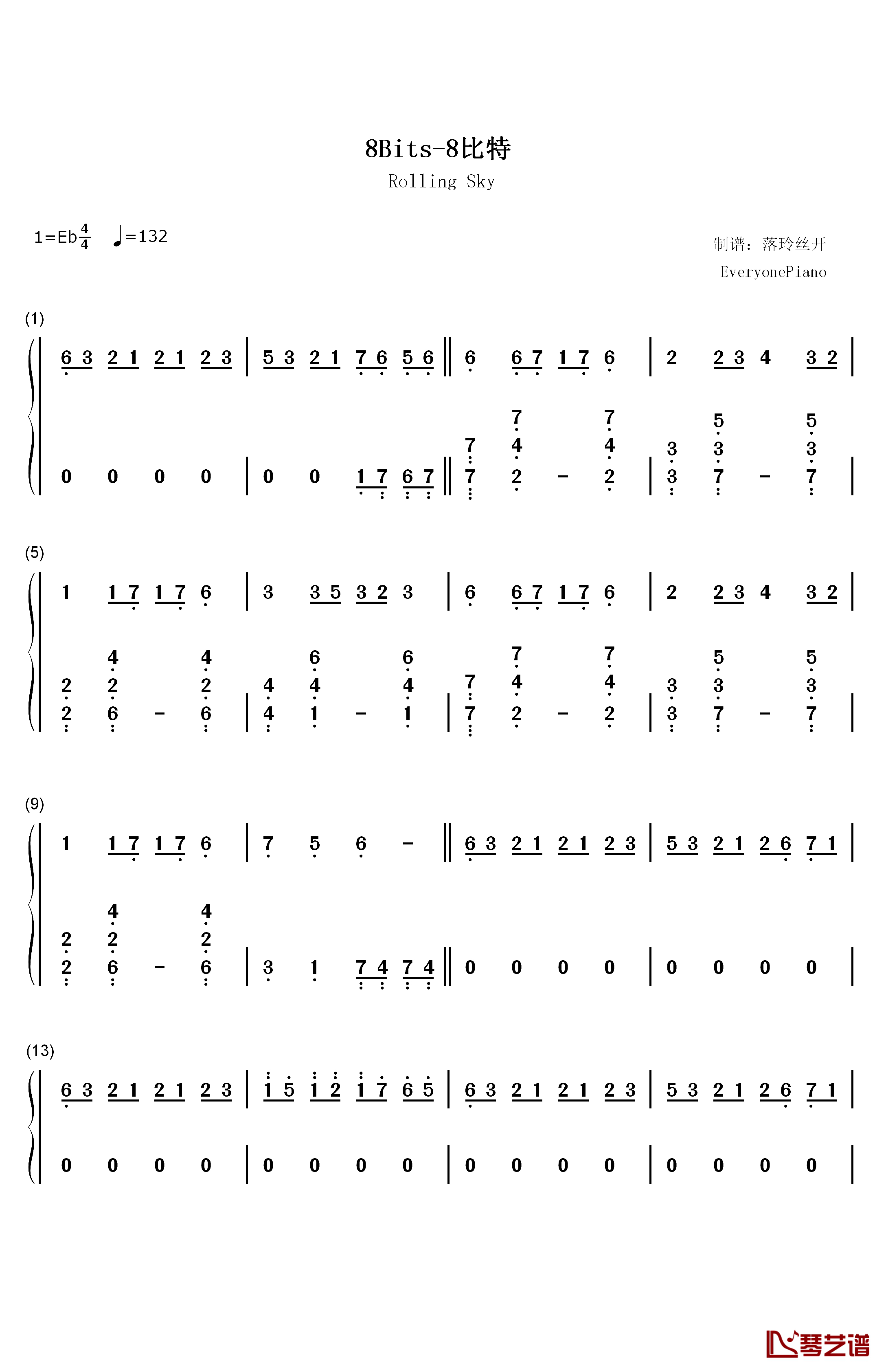 8比特钢琴简谱-数字双手-F-777