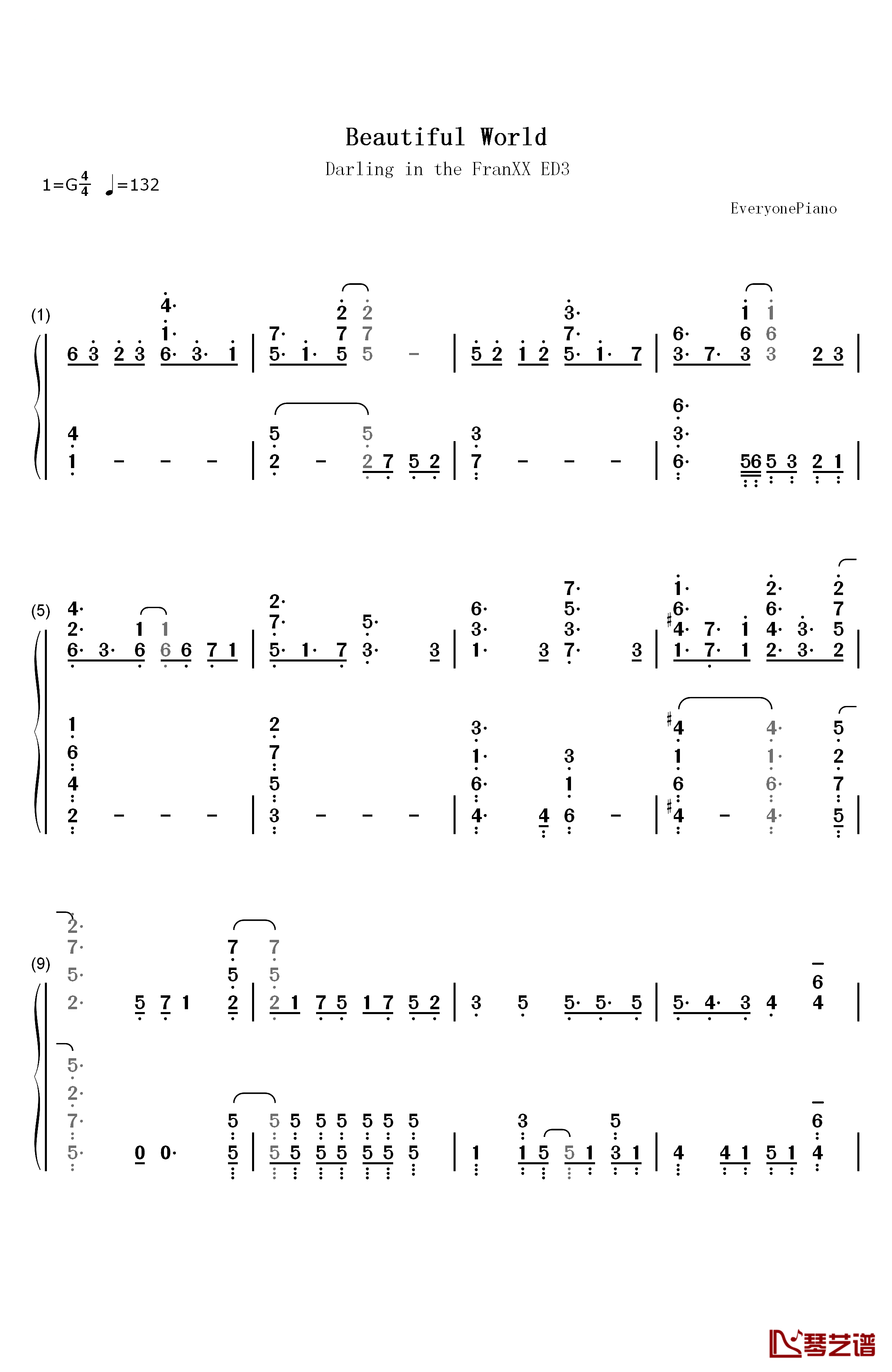 Beautiful World钢琴简谱-数字双手-XX:me