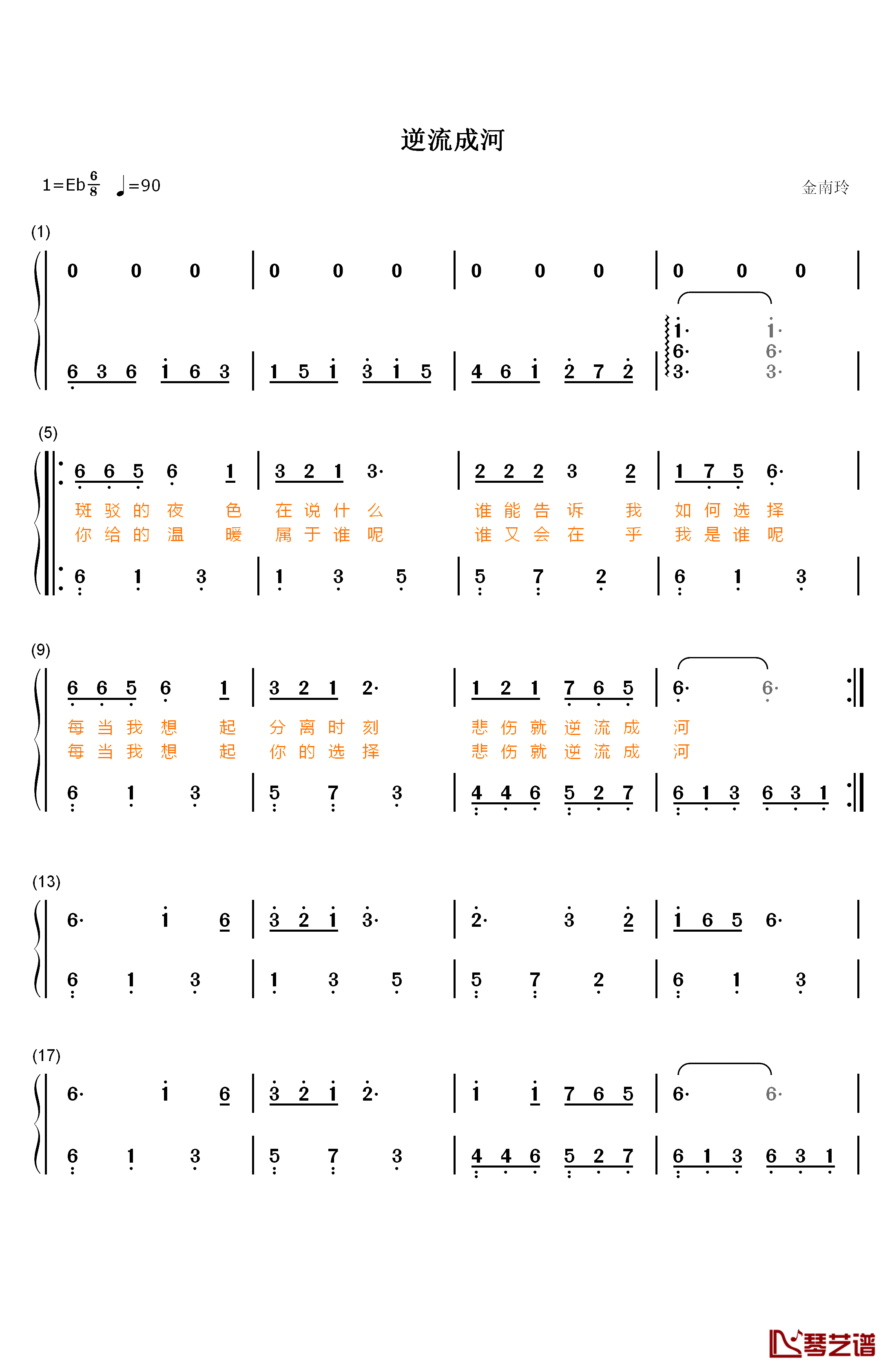 逆流成河钢琴简谱-数字双手-金南玲