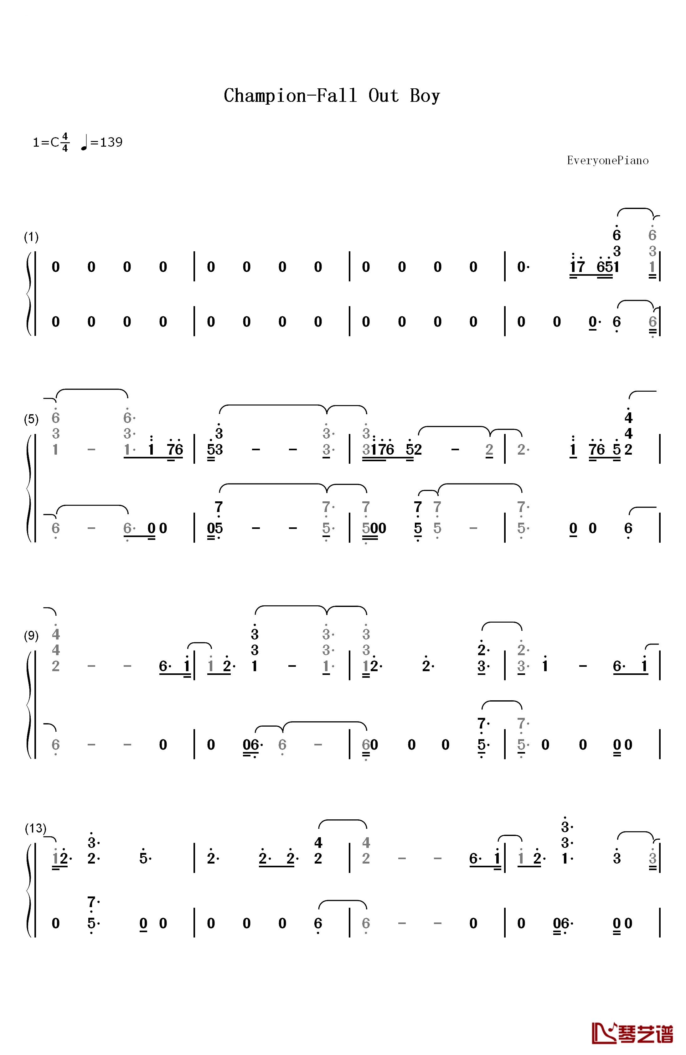 Champion钢琴简谱-数字双手-Fall Out Boy