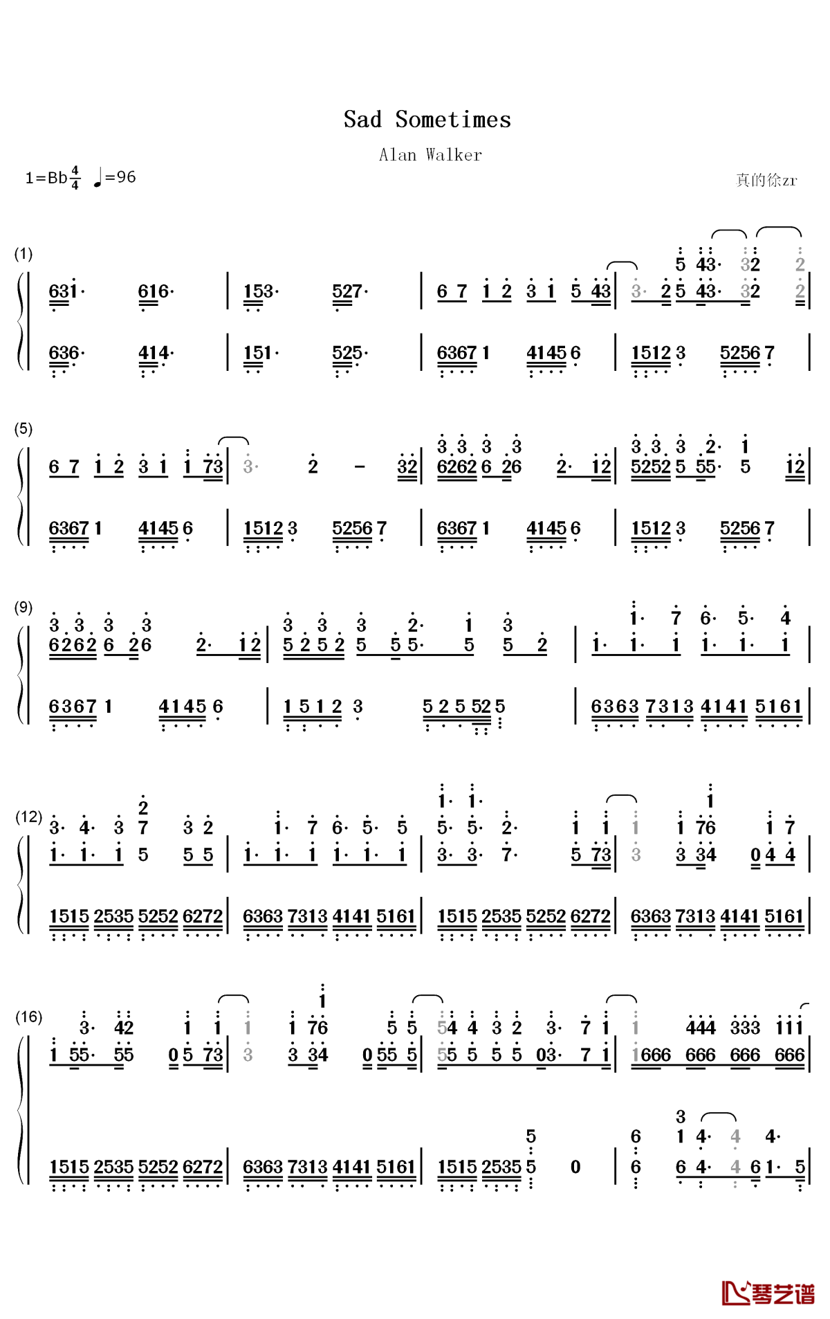 Sad Sometimes钢琴简谱-数字双手-Alan Walker CORSAK 黄霄雲
