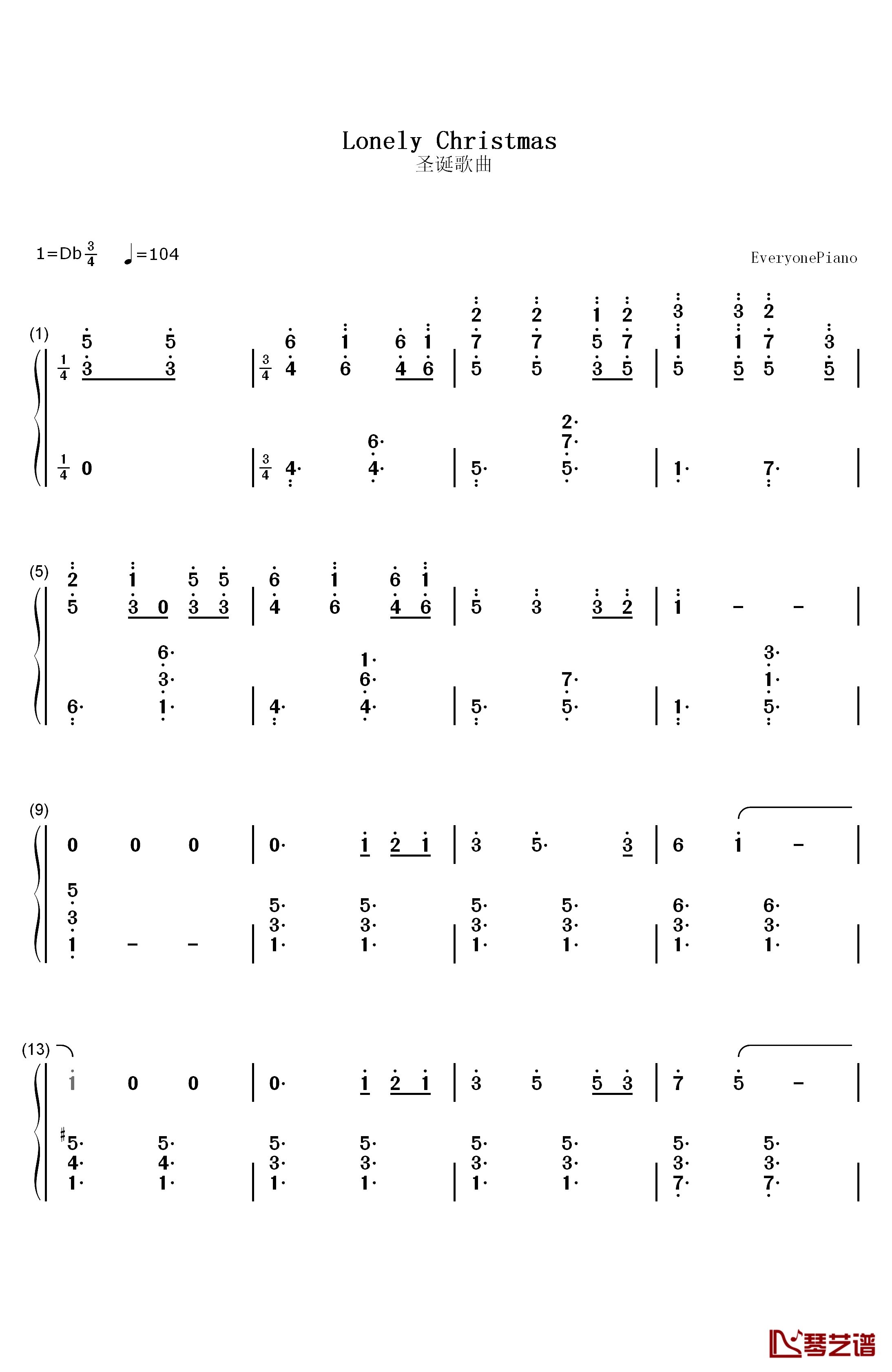 lonely christmas钢琴简谱-数字双手-陈奕迅