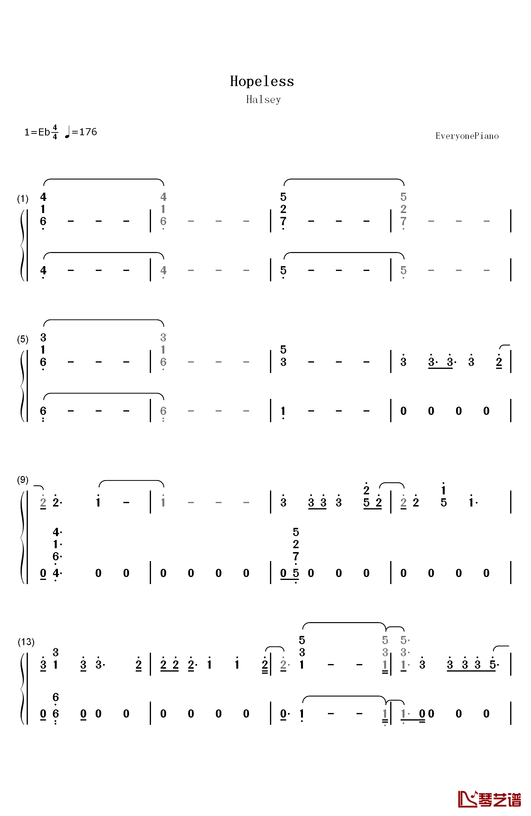 Hopeless钢琴简谱-数字双手-Halsey