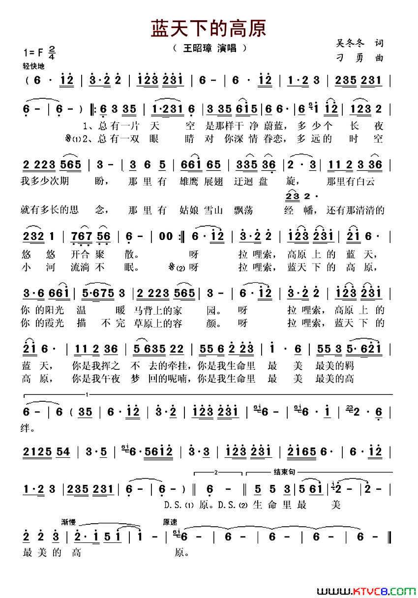 蓝天下的高原简谱-王昭璋演唱-吴冬冬/刁勇词曲