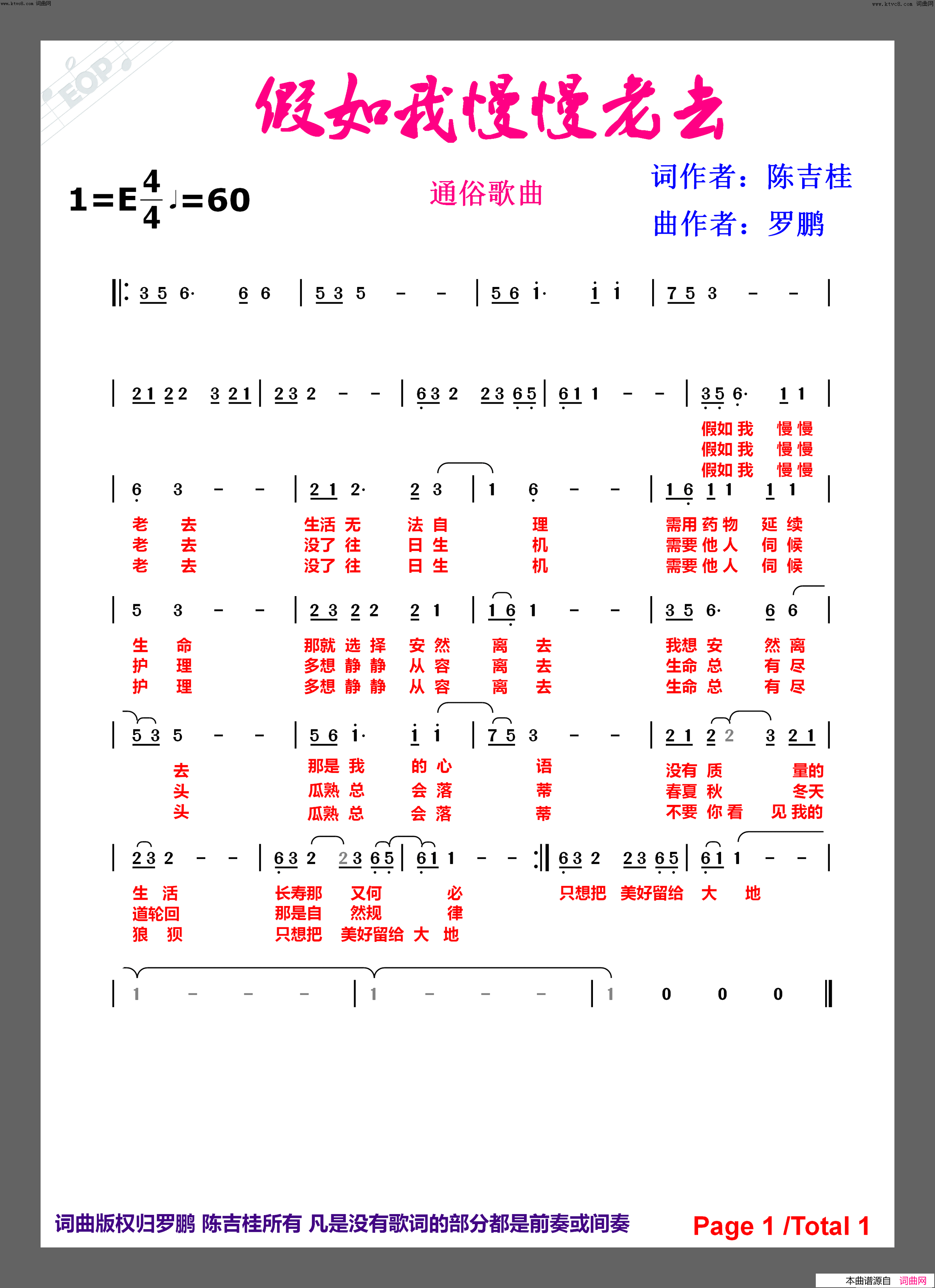 假如我慢慢的老去简谱-罗鹏曲谱