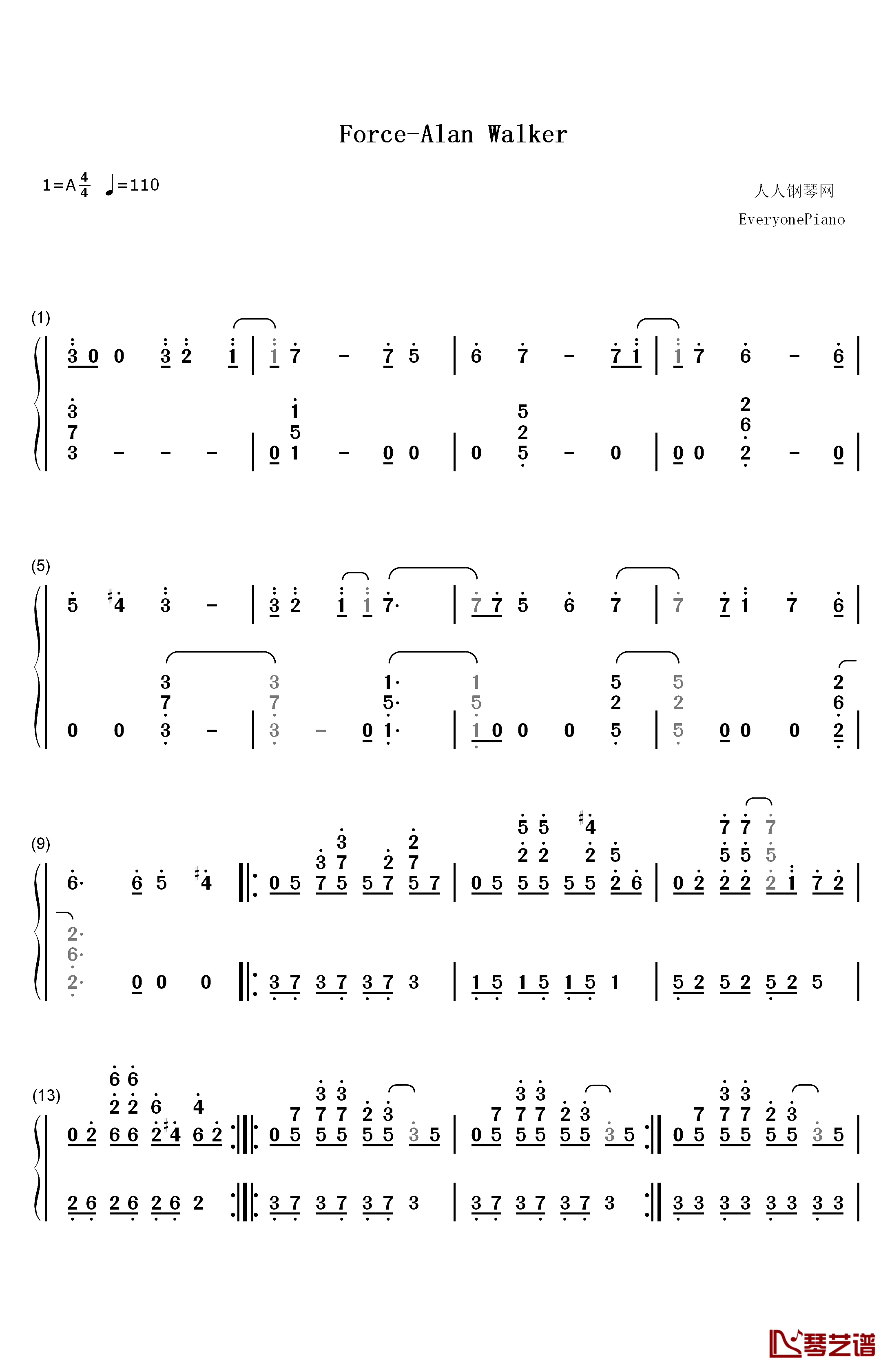 Force钢琴简谱-数字双手-Alan Walker