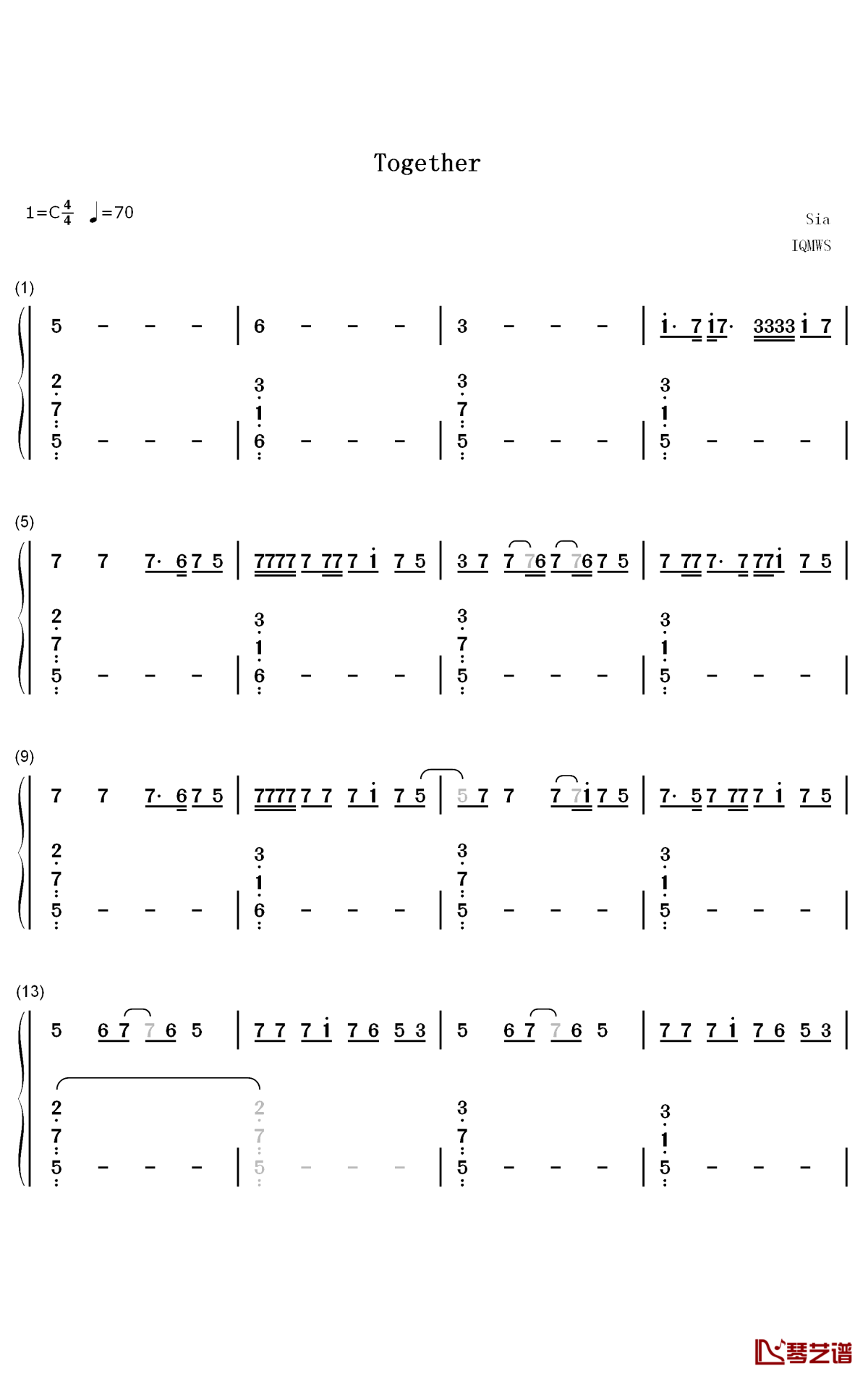 Together钢琴简谱-数字双手-Sia