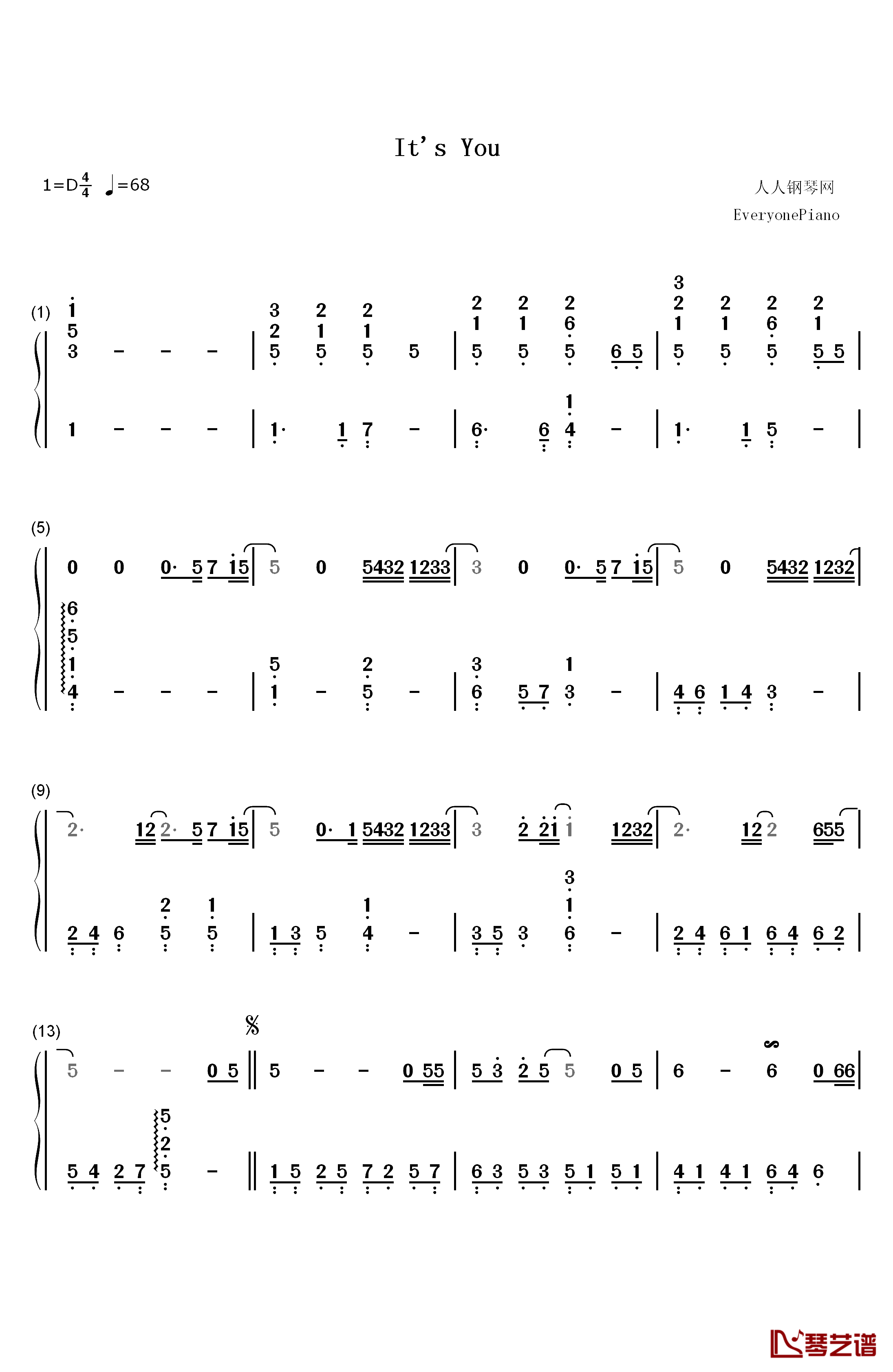 It's You钢琴简谱-数字双手-郑世云