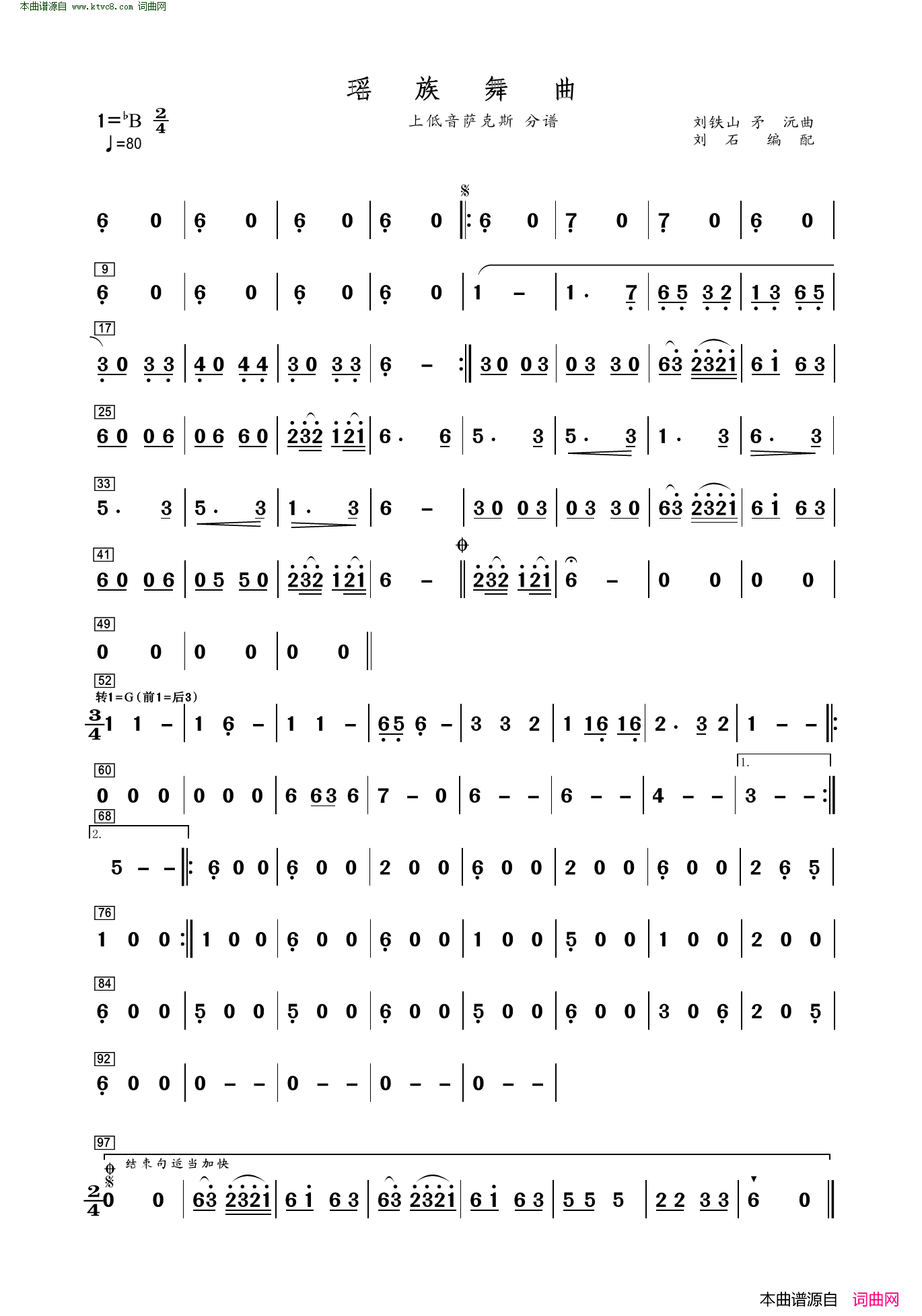 瑶族舞曲上低音萨克斯分谱简谱-矛沅演唱-作曲：刘铁山词曲