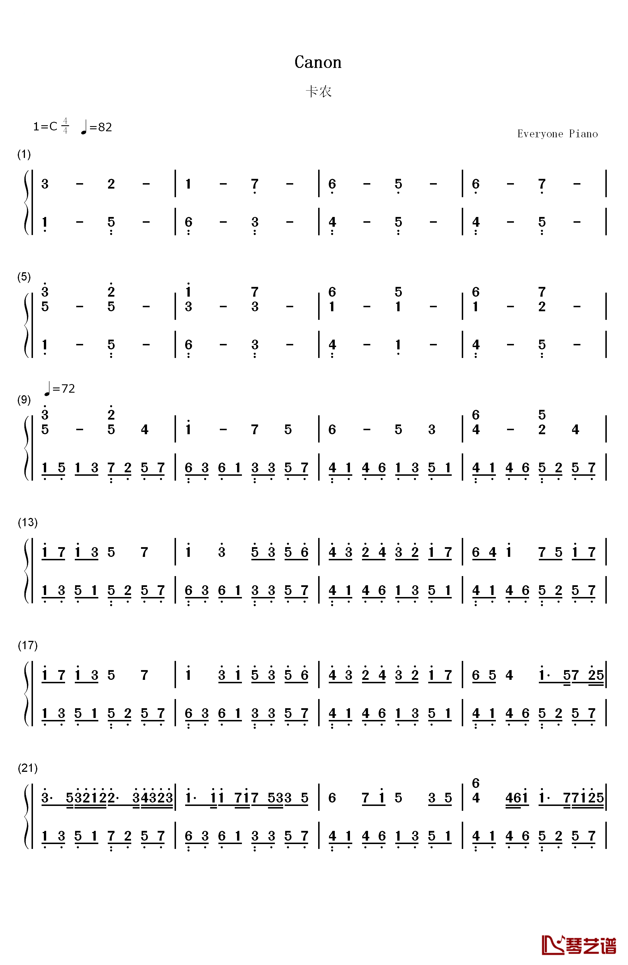 卡农钢琴简谱-数字双手-帕海贝尔