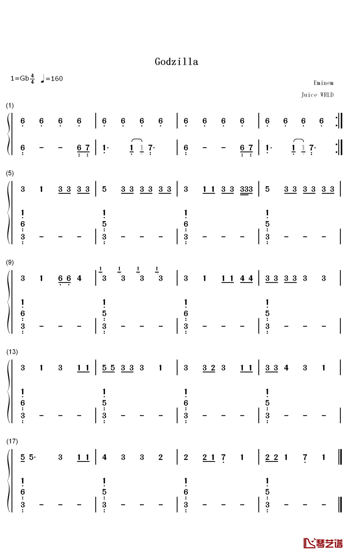 Godzilla钢琴简谱-数字双手-Eminem Juice Wrld