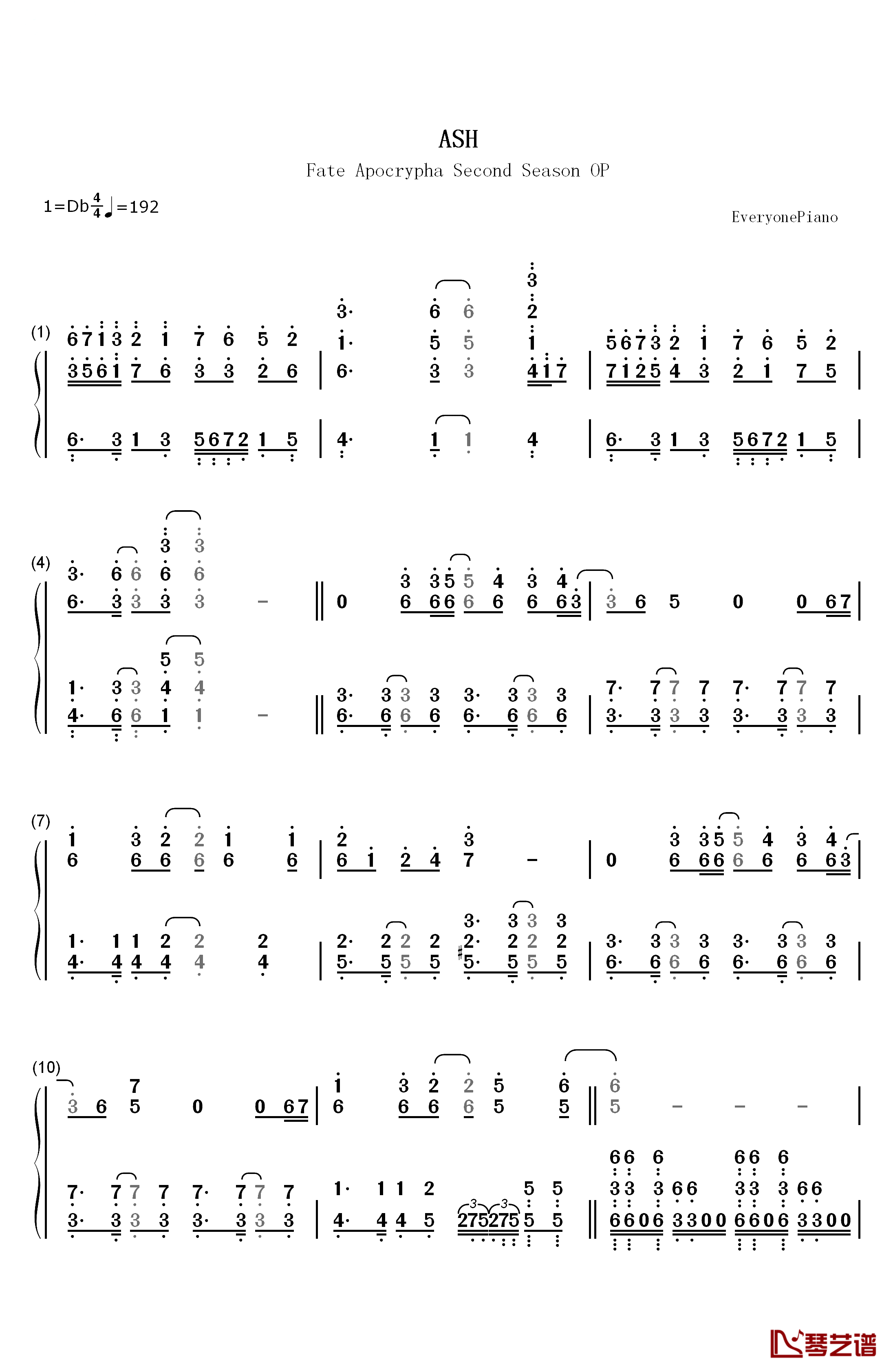 ASH钢琴简谱-数字双手-LiSA