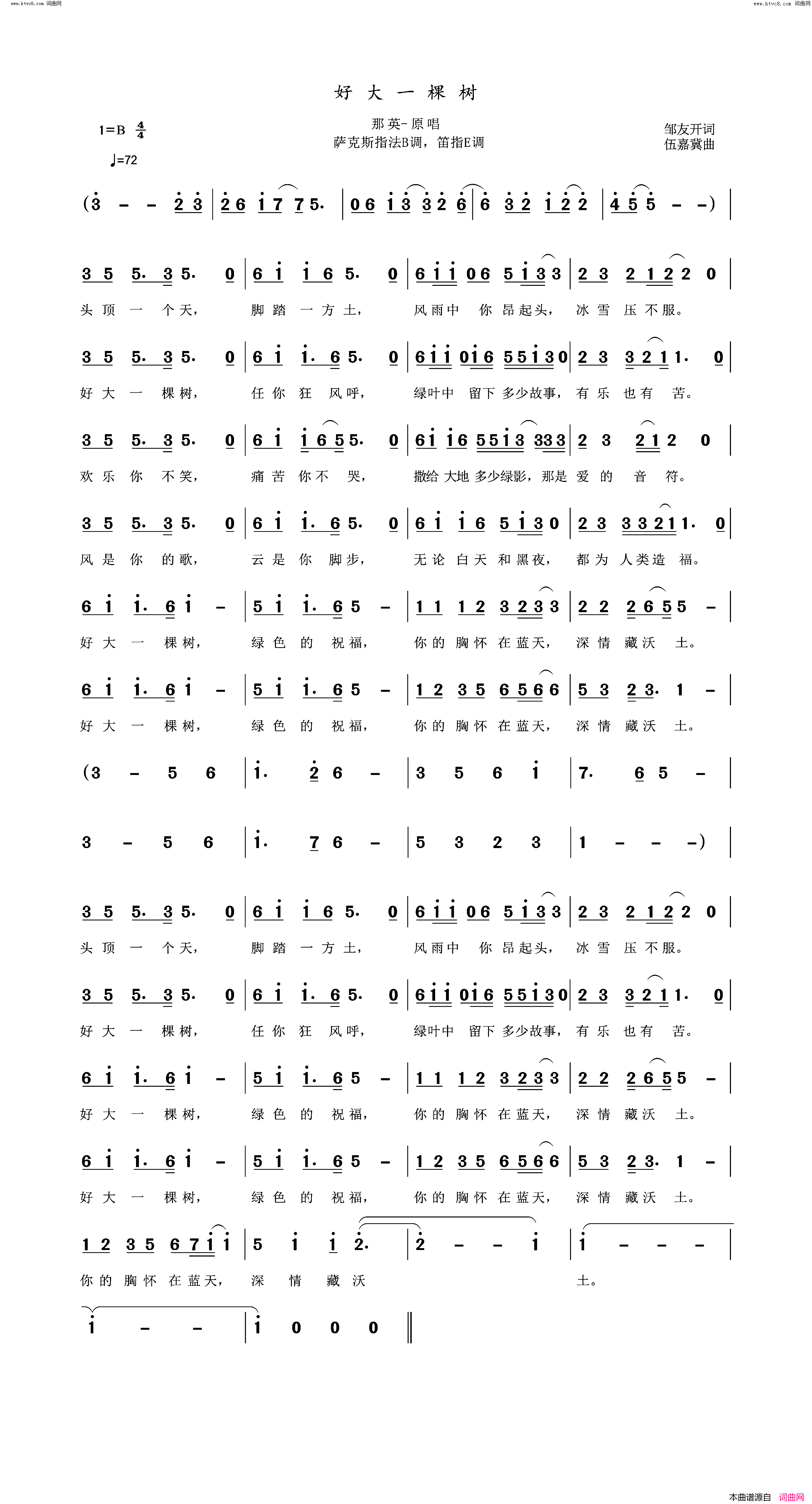 好大一棵树萨克斯指法B调，笛指E调简谱-那英演唱-邹友开/伍嘉冀词曲