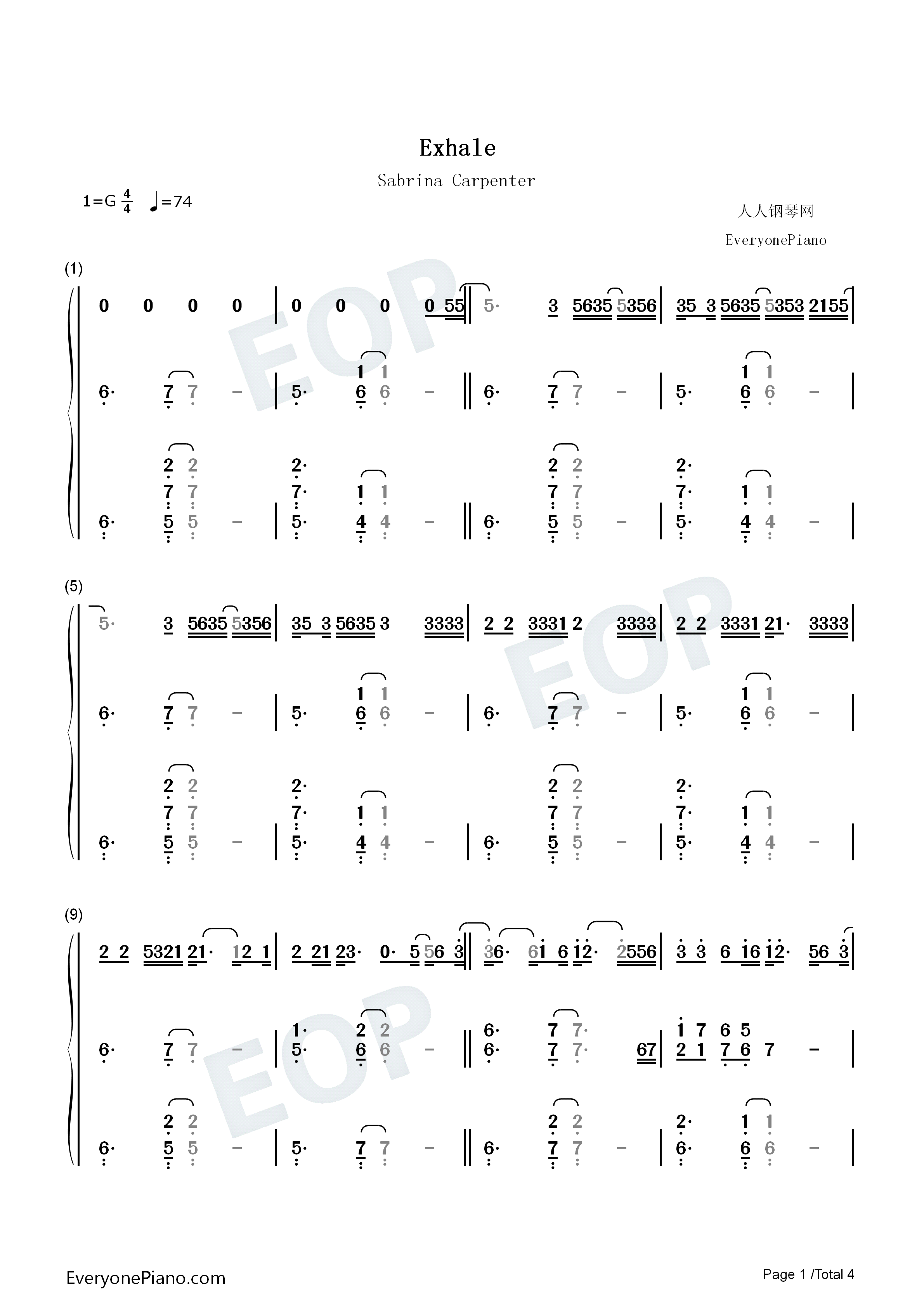 Exhale钢琴简谱-Sabrina Carpenter演唱