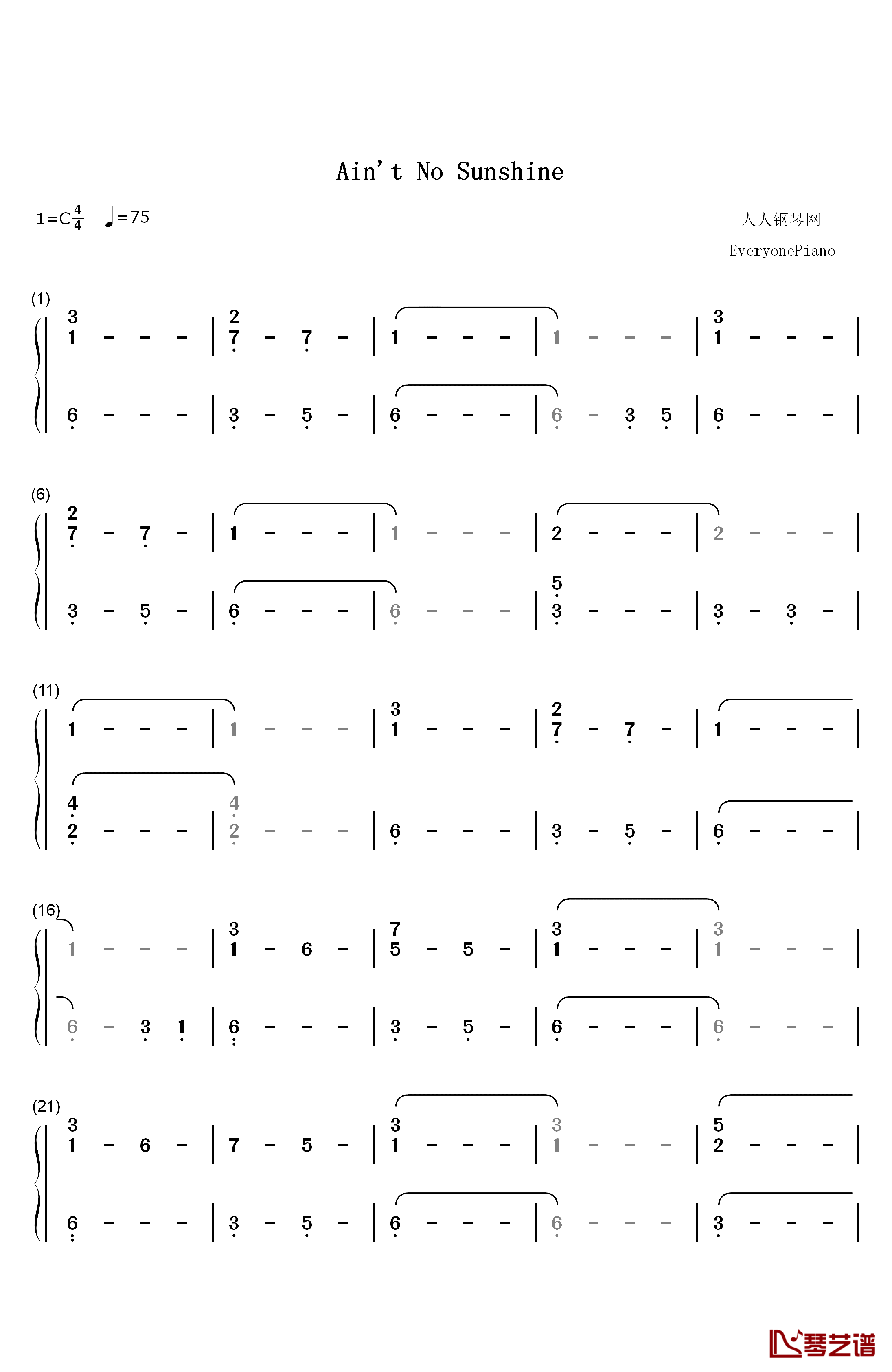 Aint No Sunshine钢琴简谱-数字双手-Bill Withers