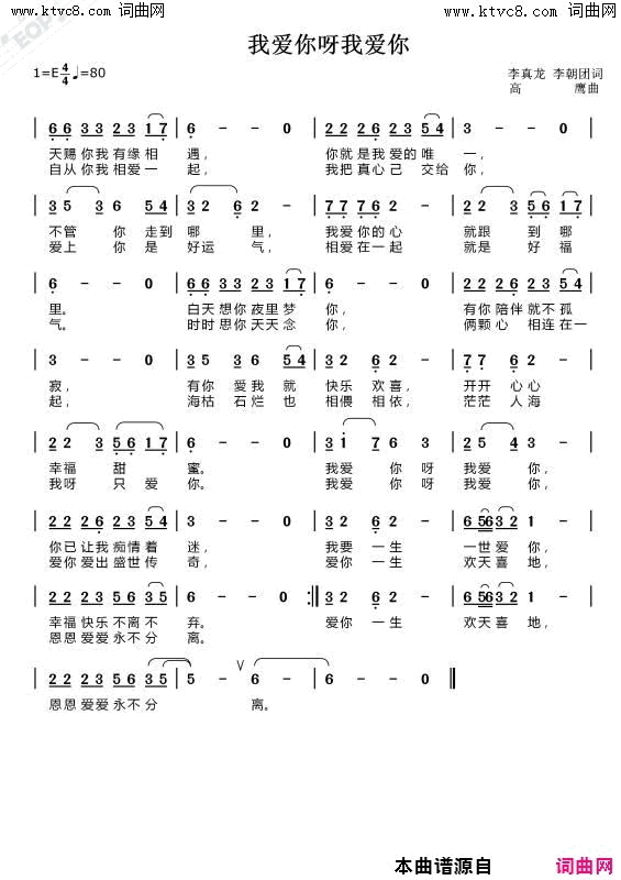 我爱你呀我爱你简谱-王艺涛演唱-李真龙、李朝团/高鹰词曲