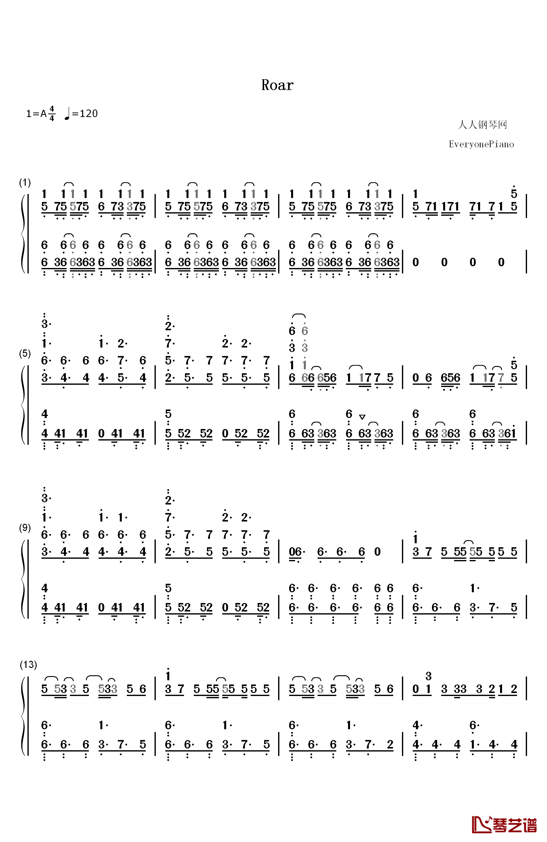 Roar钢琴简谱-数字双手-黑崎真音