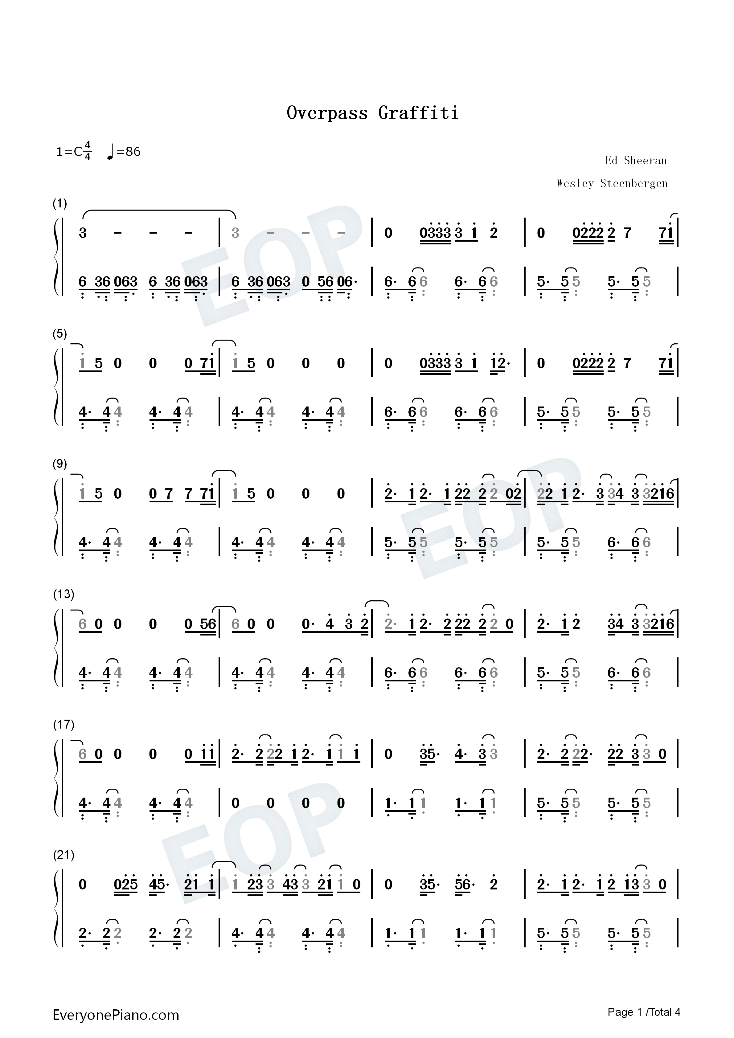 Overpass Graffiti钢琴简谱-Ed Sheeran演唱