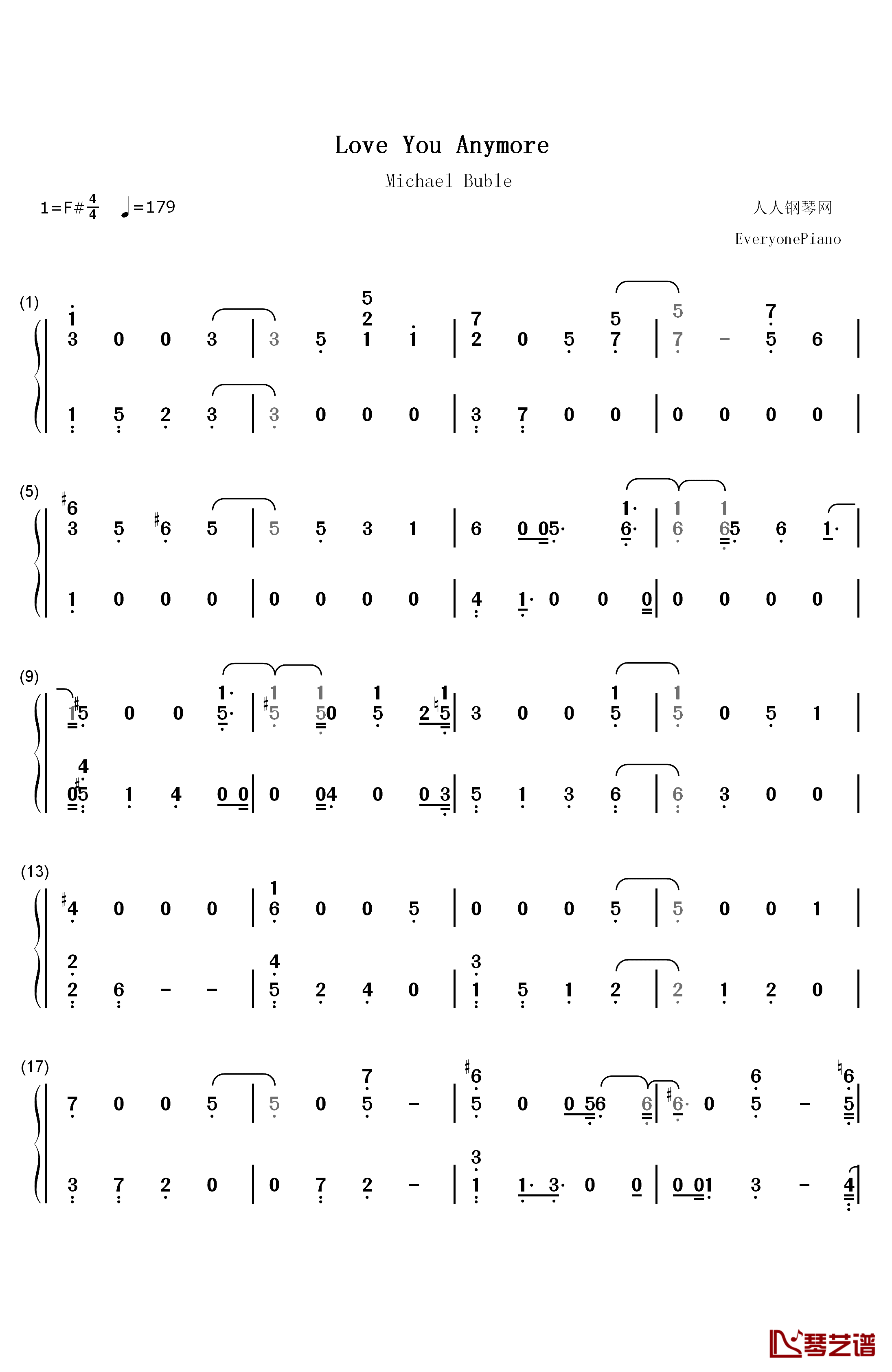 Love You Anymore钢琴简谱-数字双手-Michael Buble