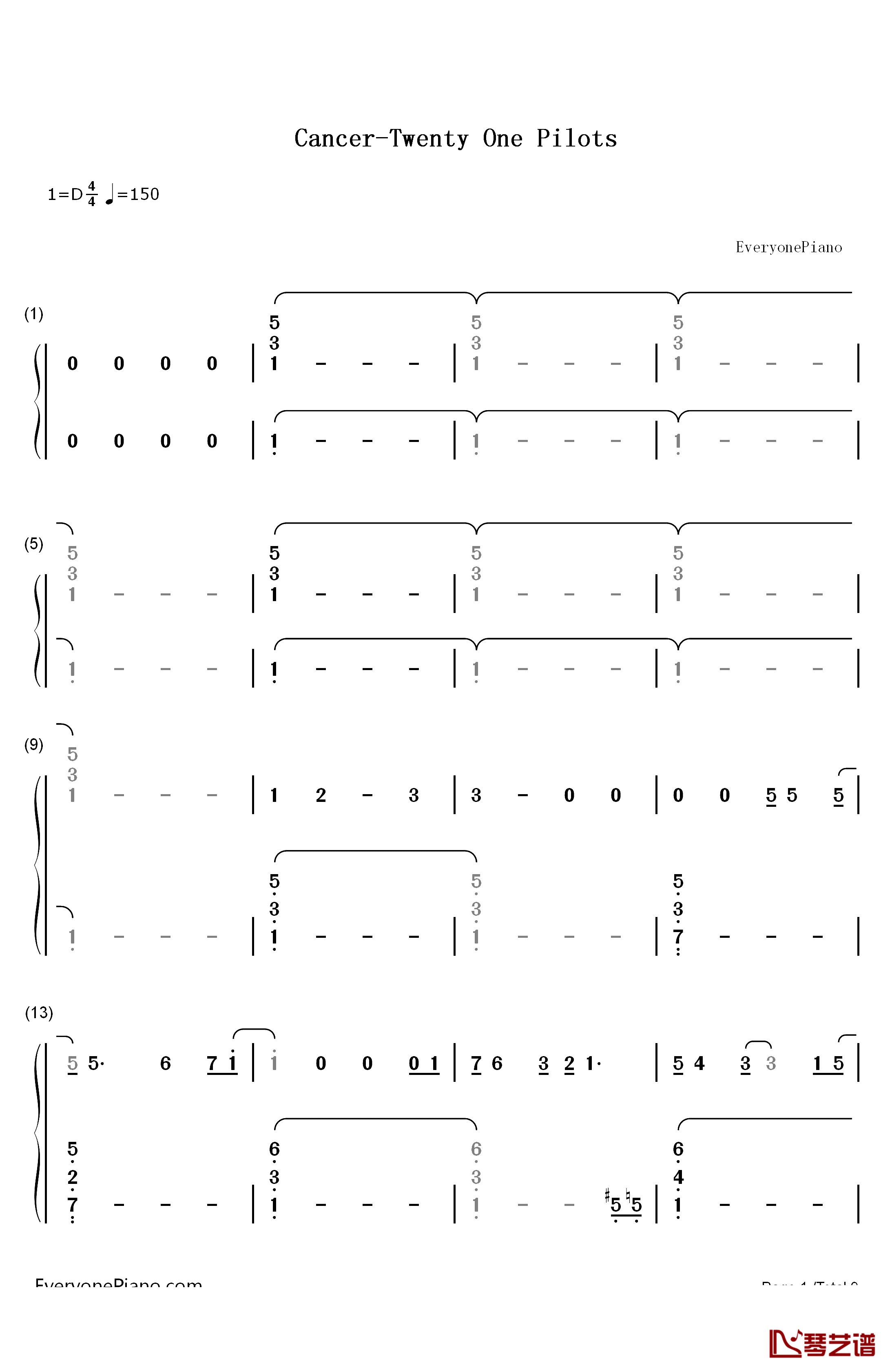 Cancer钢琴简谱-数字双手-Twenty One Pilots