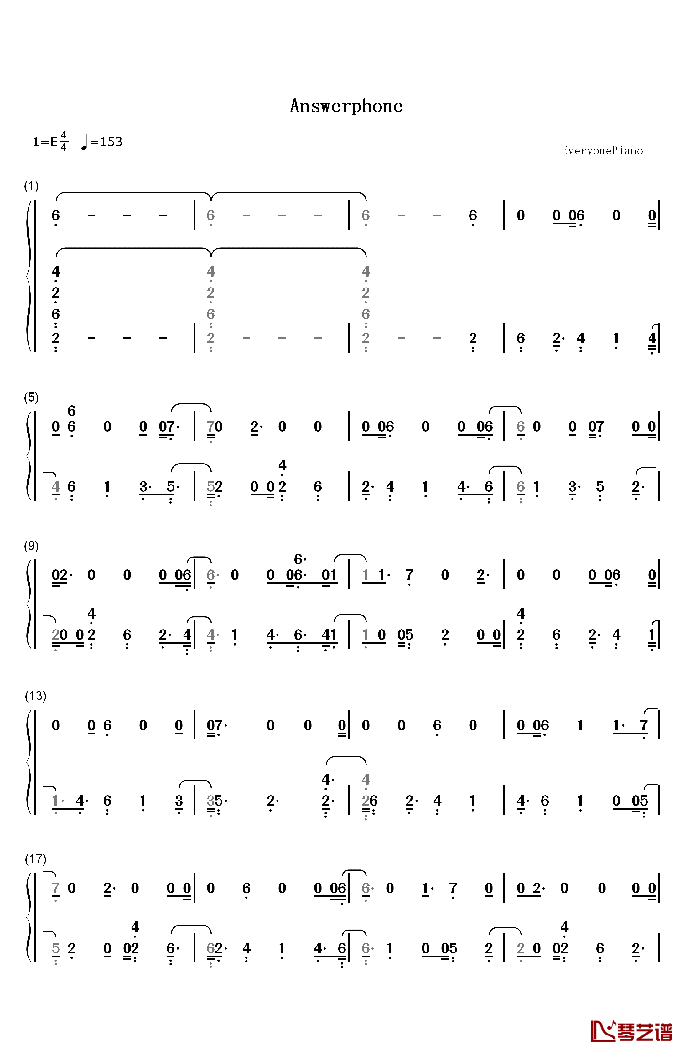 Answerphone钢琴简谱-数字双手-Banx & Ranx Ella Eyre Yxng Bane