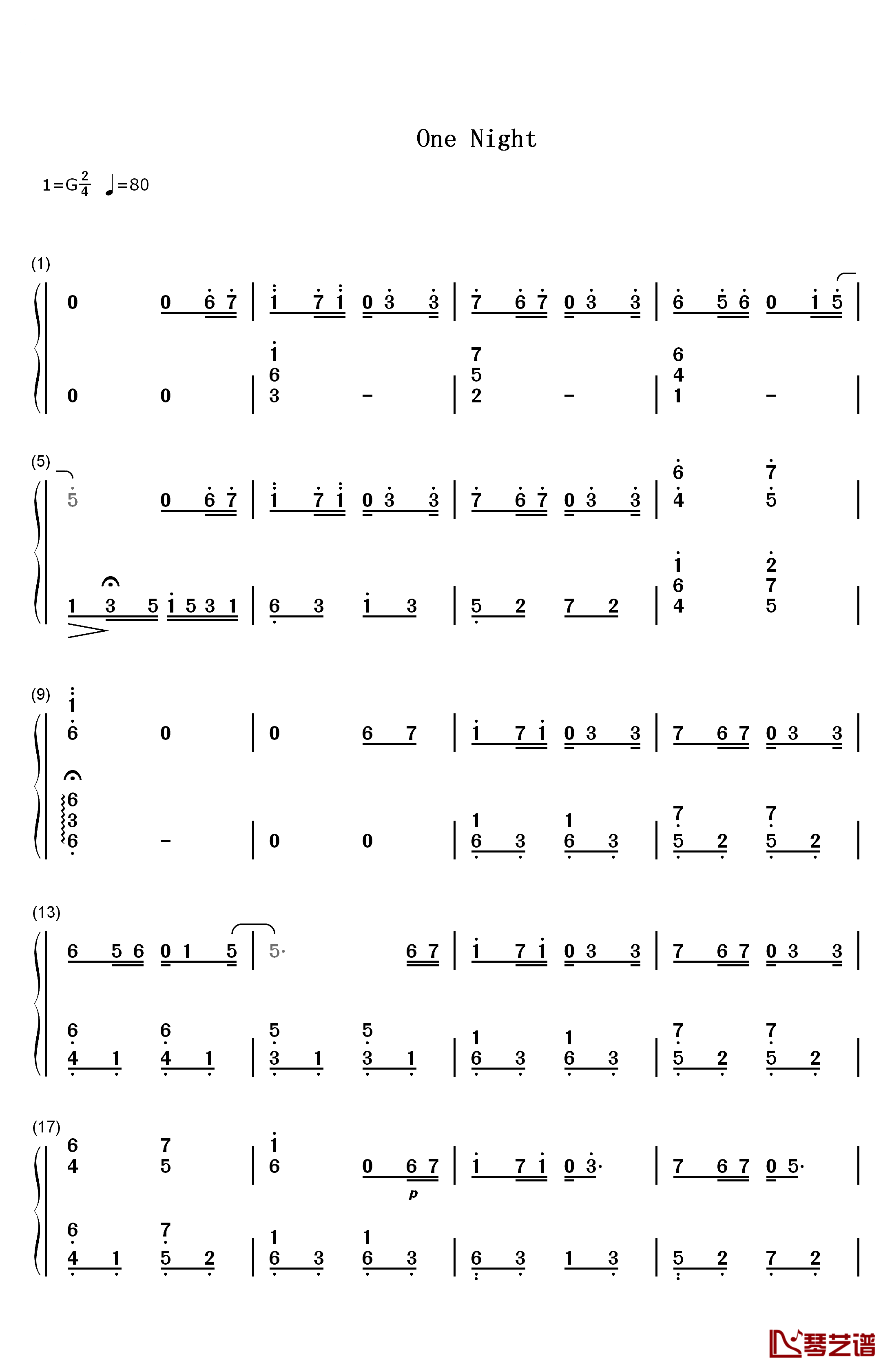 One Night钢琴简谱-数字双手-加贺谷 玲