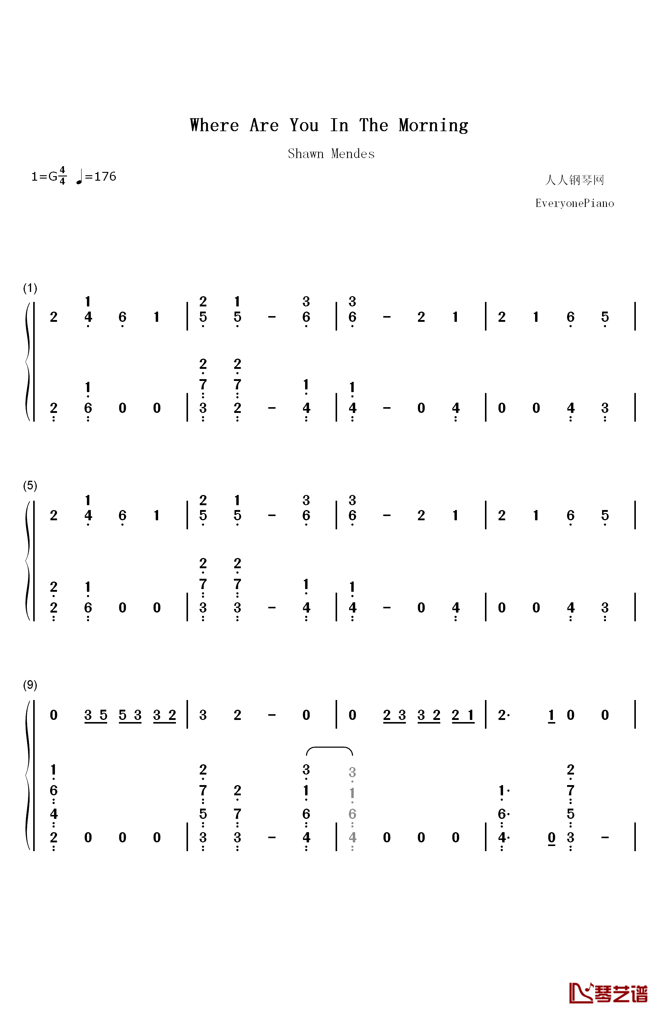 Where Were You in the Morning钢琴简谱-数字双手-Shawn Mendes