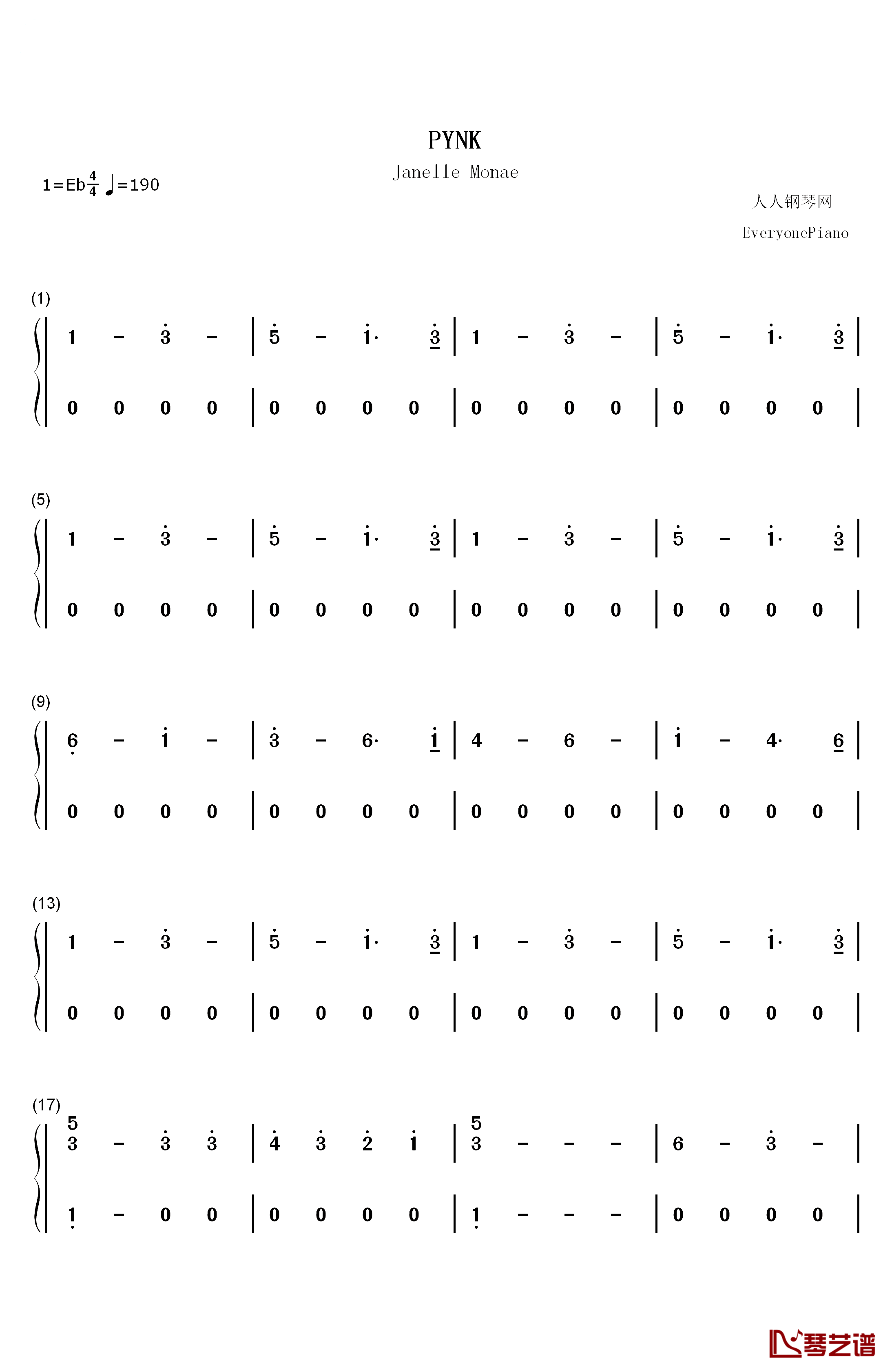 PYNK钢琴简谱-数字双手-Janelle Monae