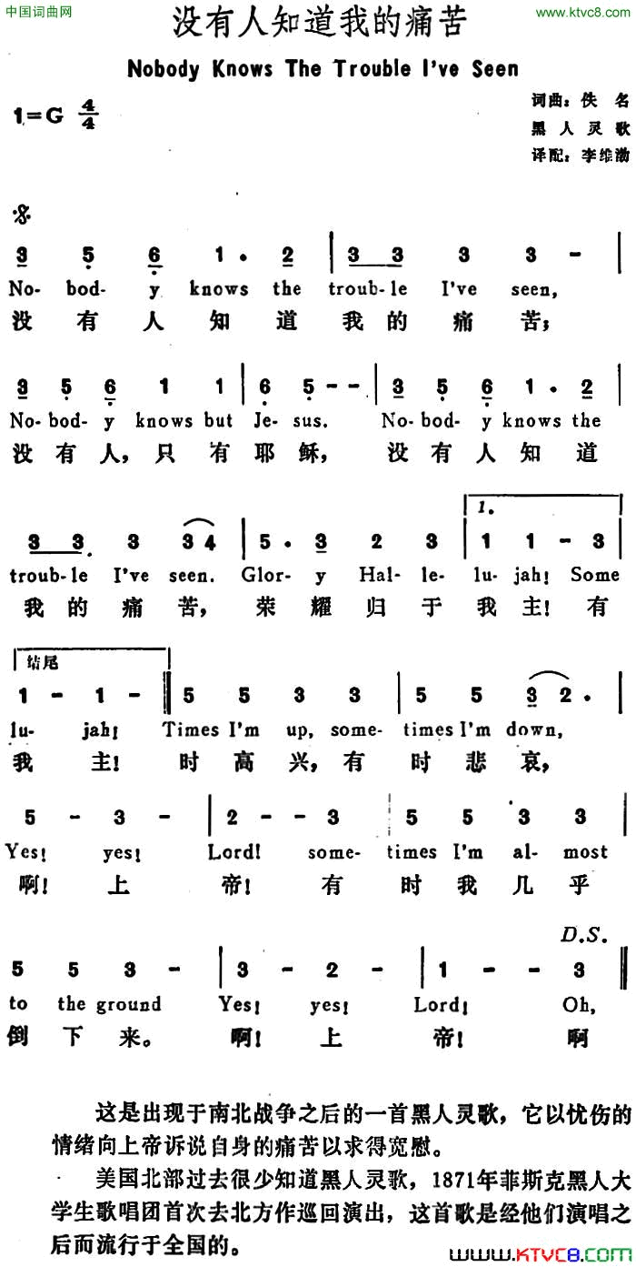 [美]没有人知道我的痛苦NobodyKnowstheTroubleI’veSeen[美]没有人知道我的痛苦Nobody Knows the Trouble I’ve Seen简谱