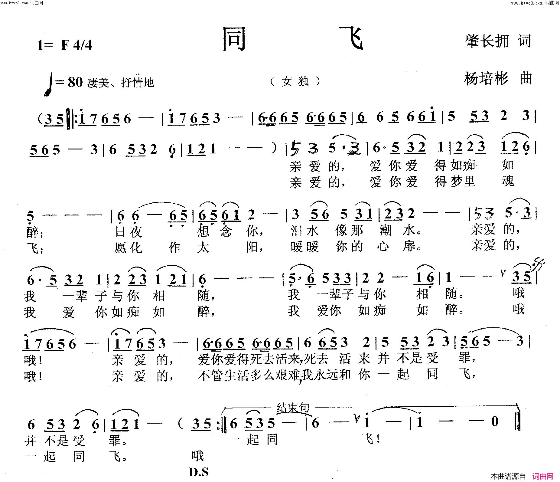 同飞(女声独唱)简谱-杨培彬曲谱