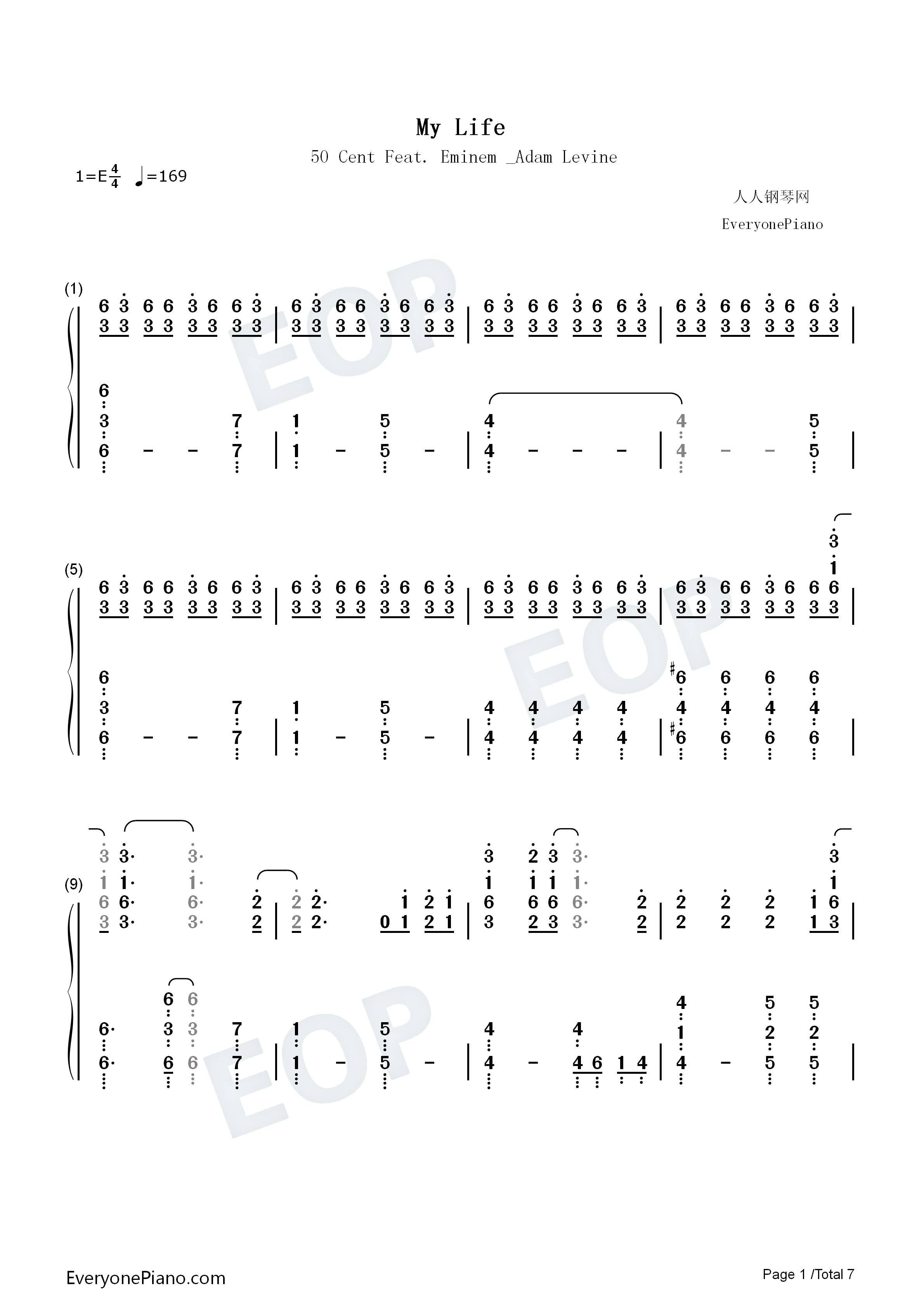 My Life 钢琴简谱-50 Cent Feat. Eminem & Adam Levine演唱