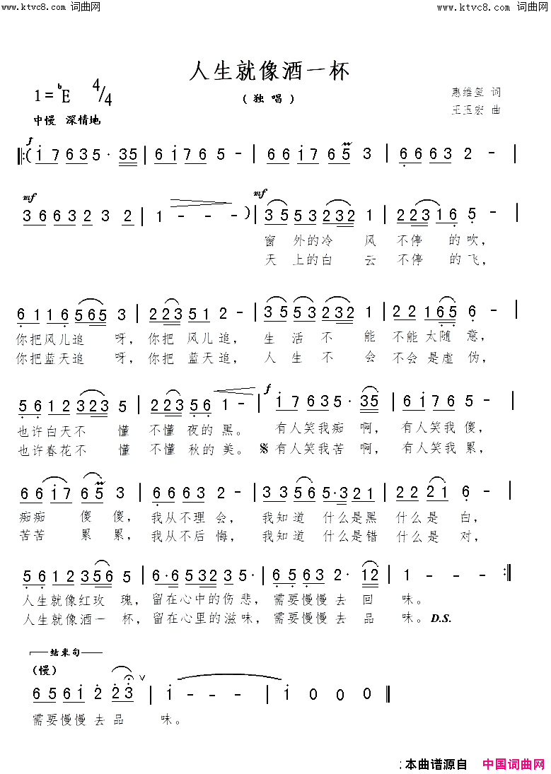 人生就像酒一杯简谱-惠维玺曲谱