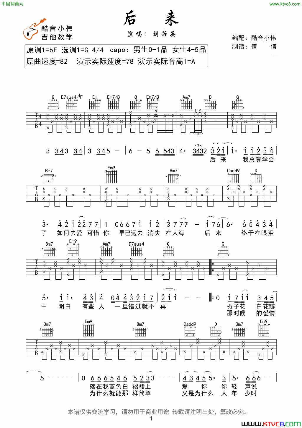 后来吉他谱、酷音小伟编配版简谱