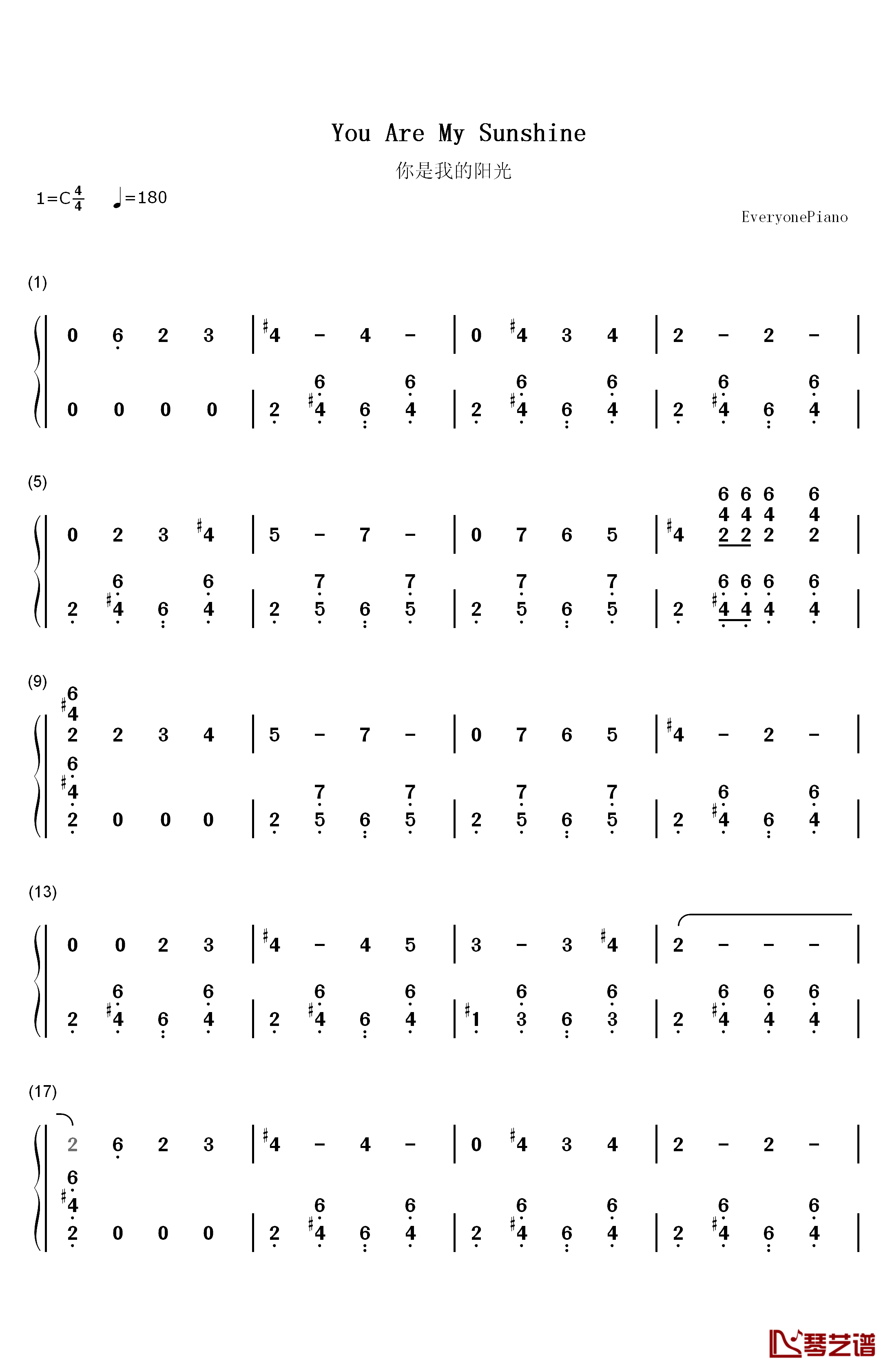 You Are My Sunshine钢琴简谱-数字双手-Jimmie Davis