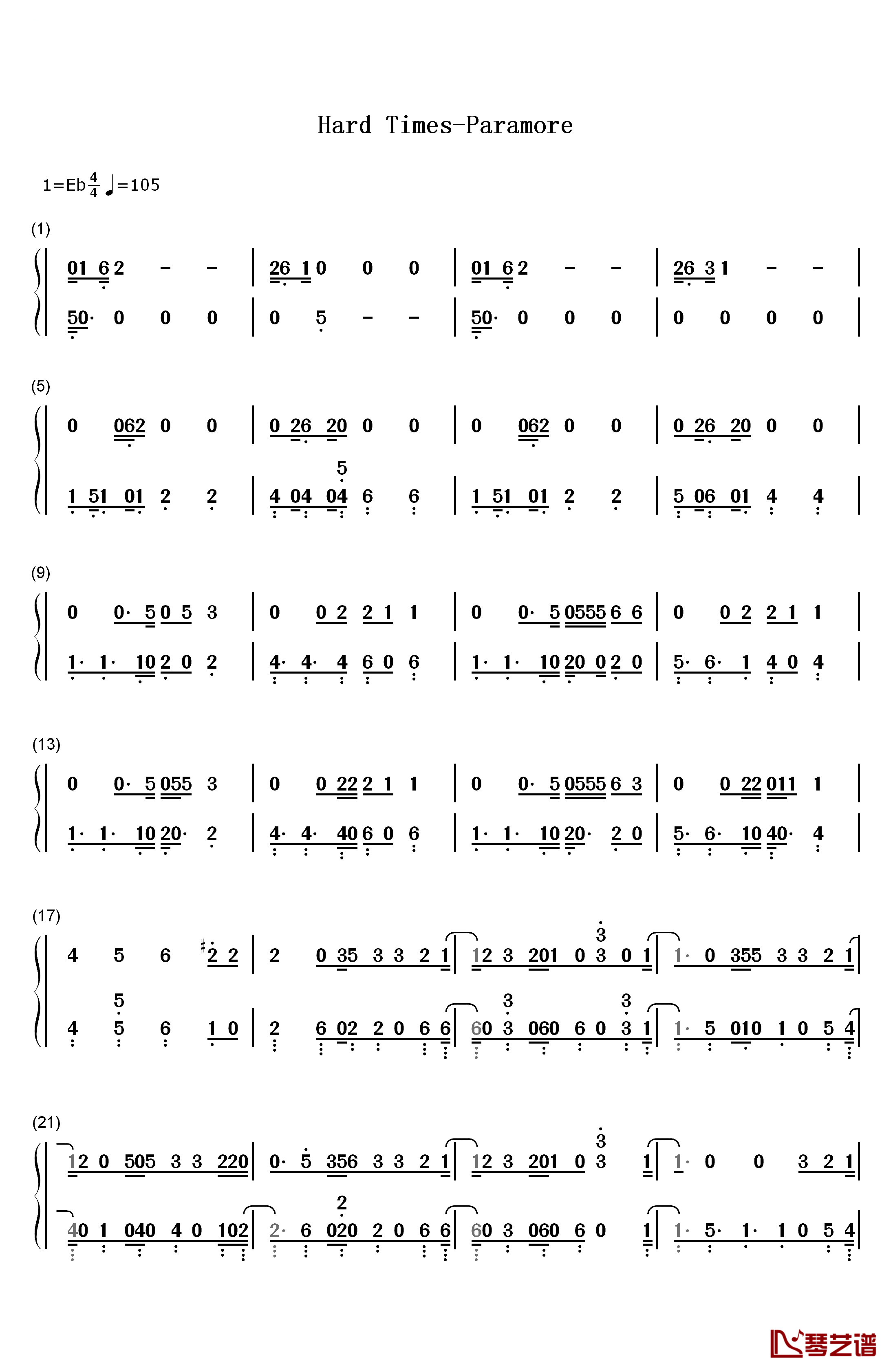 Hard Times钢琴简谱-数字双手-Paramore