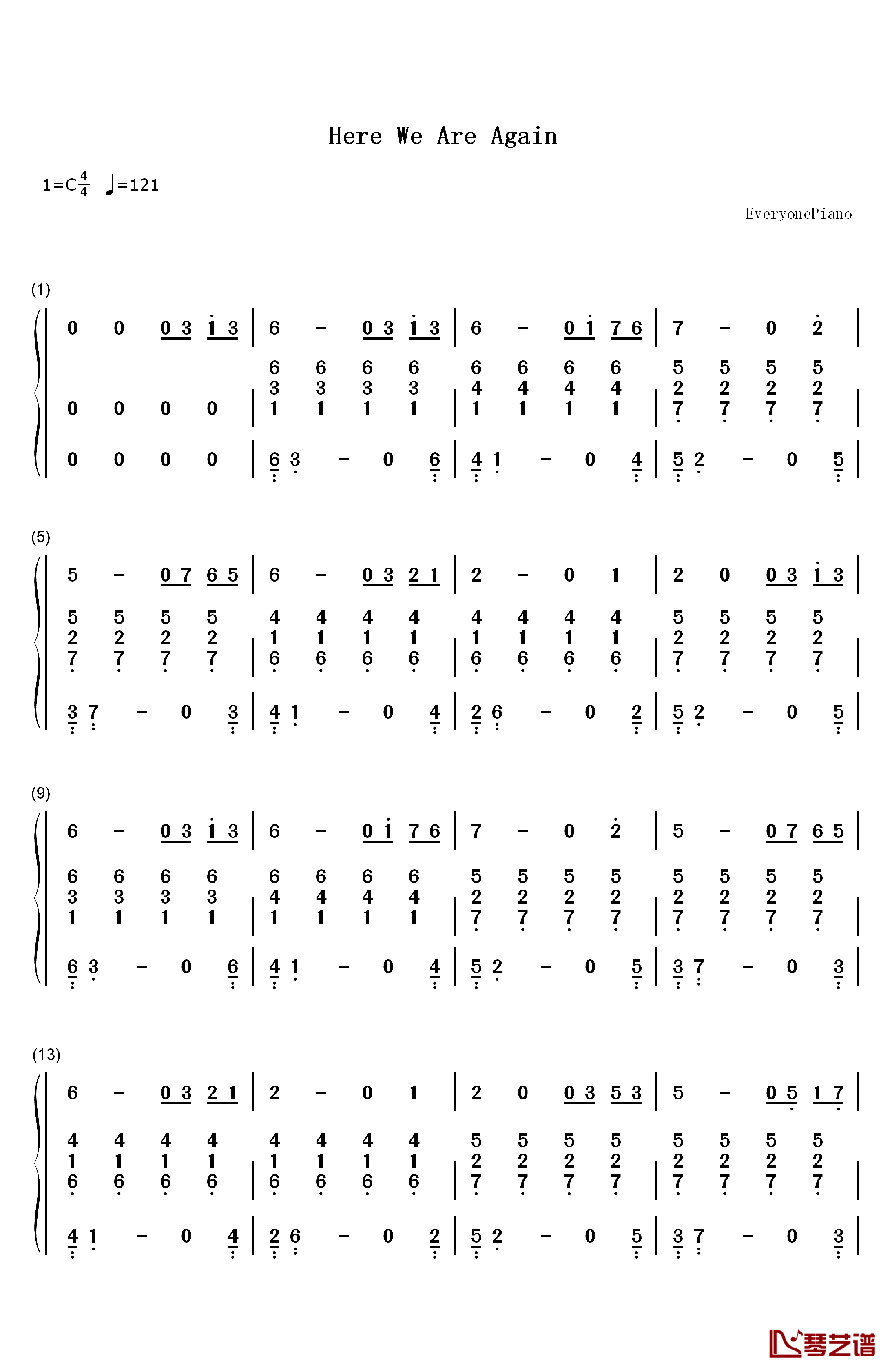 Here We Are Again钢琴简谱-数字双手-CAGNET