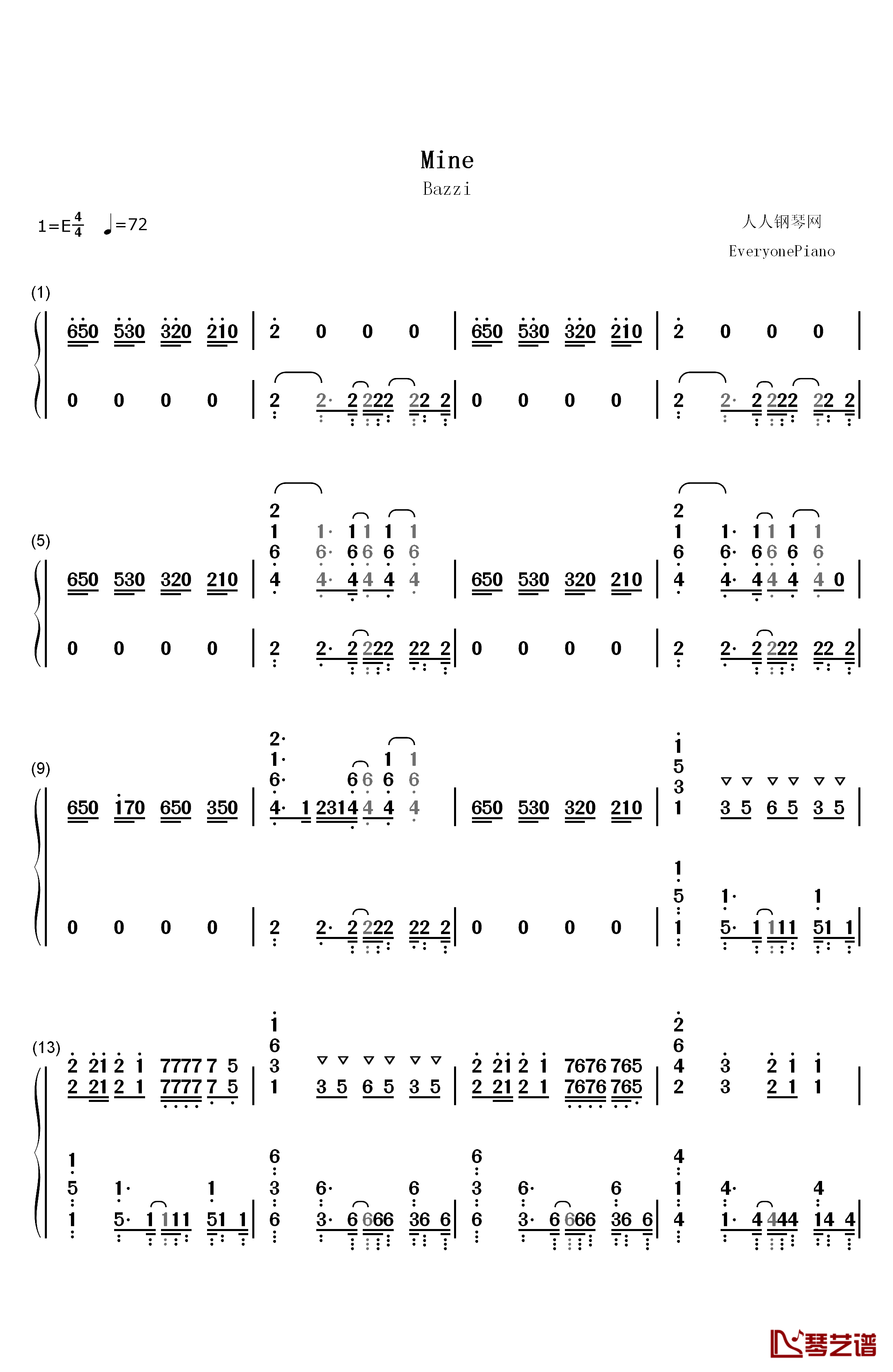 Mine钢琴简谱-数字双手-Bazzi