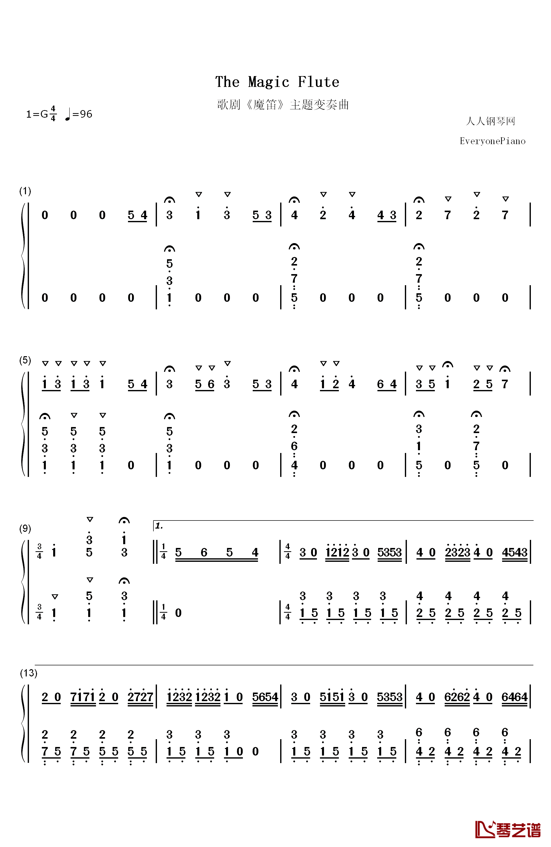 魔笛钢琴简谱-数字双手-莫扎特 Mozart