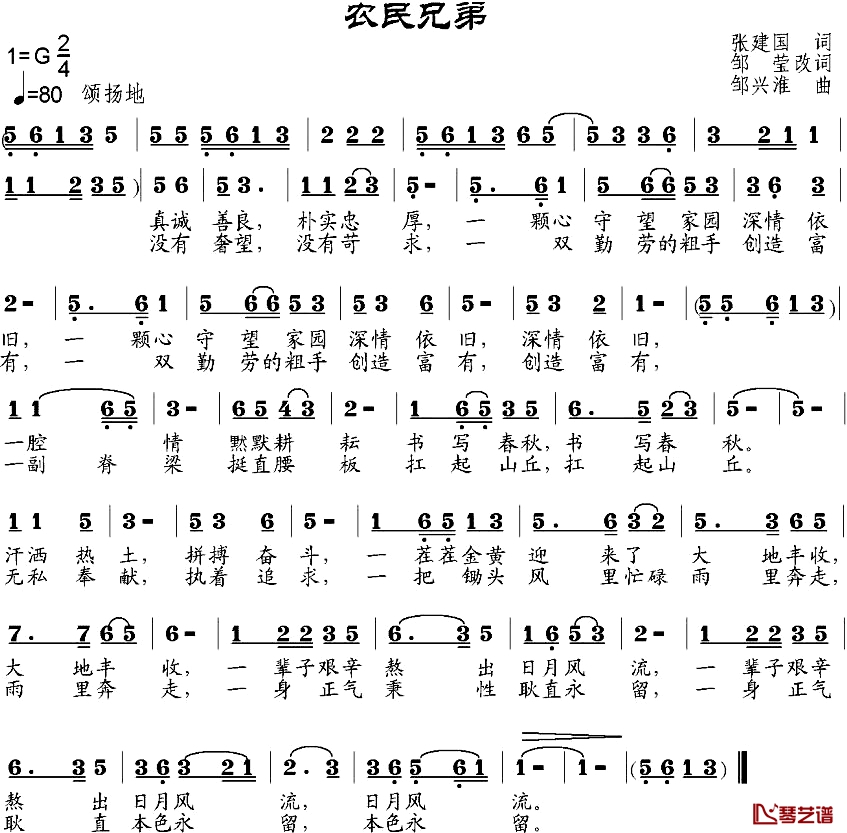 农民兄弟简谱-张建国词、邹莹改词 邹兴淮曲